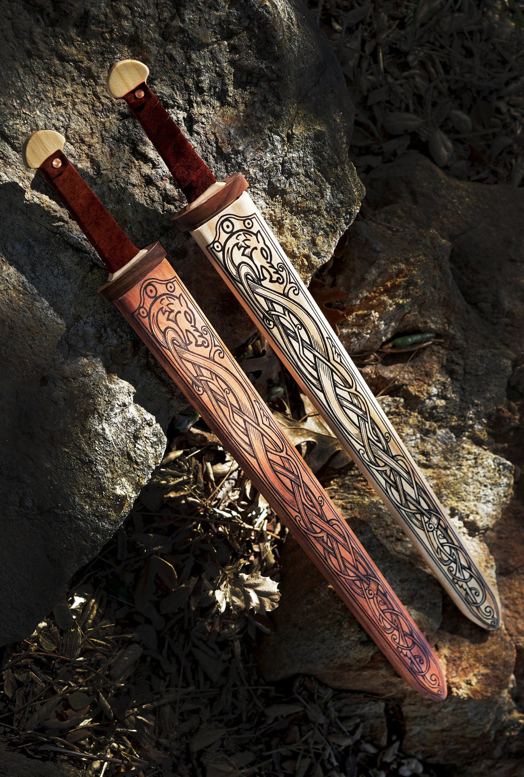 Mini Wooden Viking Sword with Norse Motif, Wooden Sheath and Leather Wrapped Handle