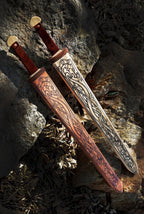 Mini Wooden Viking Sword with Norse Motif, Wooden Sheath and Leather Wrapped Handle