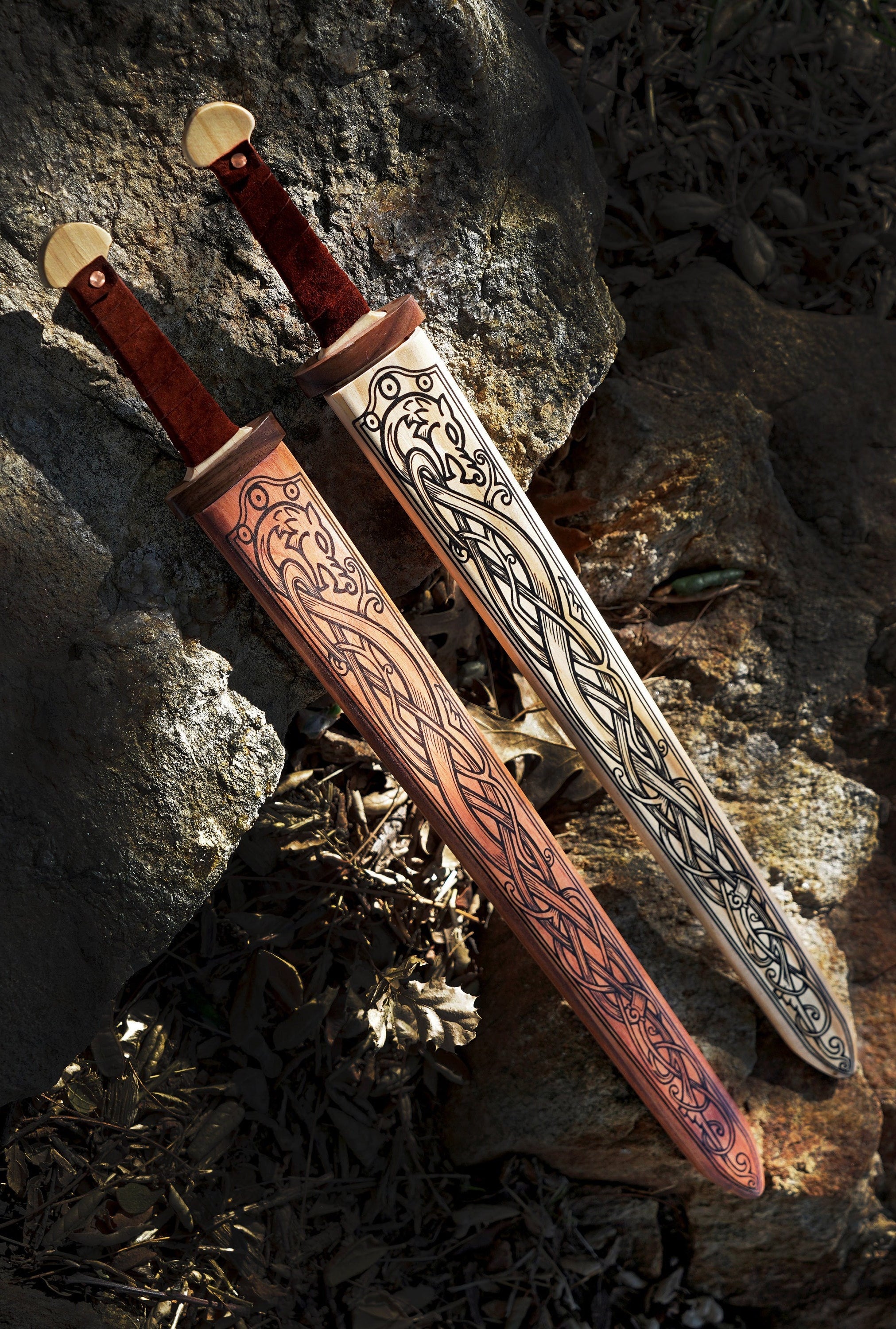 Mini Wooden Viking Sword with Norse Motif, Wooden Sheath and Leather Wrapped Handle