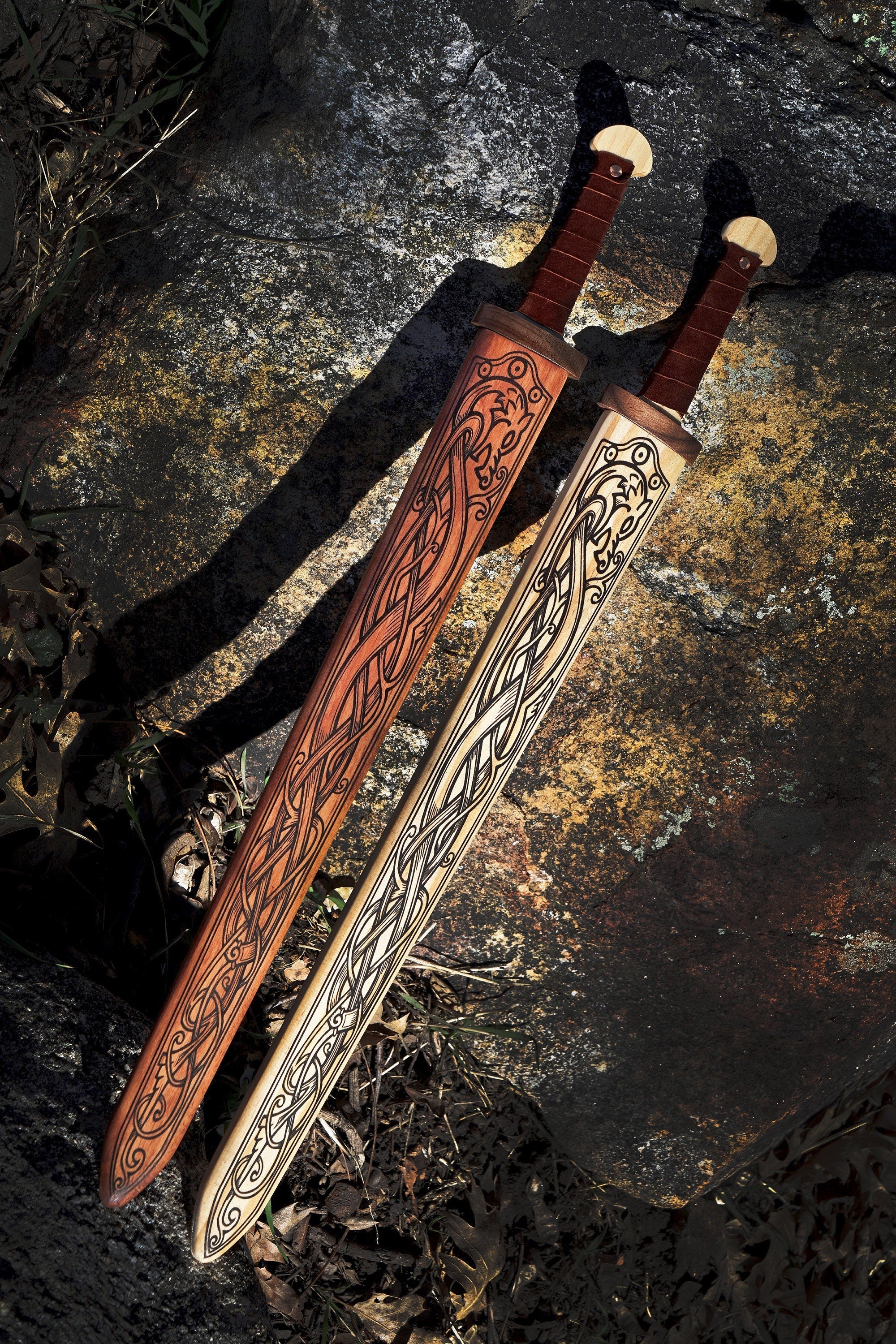 Mini Wooden Viking Sword with Norse Motif, Wooden Sheath and Leather Wrapped Handle