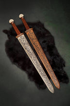 Mini Wooden Viking Sword with Norse Motif, Wooden Sheath and Leather Wrapped Handle