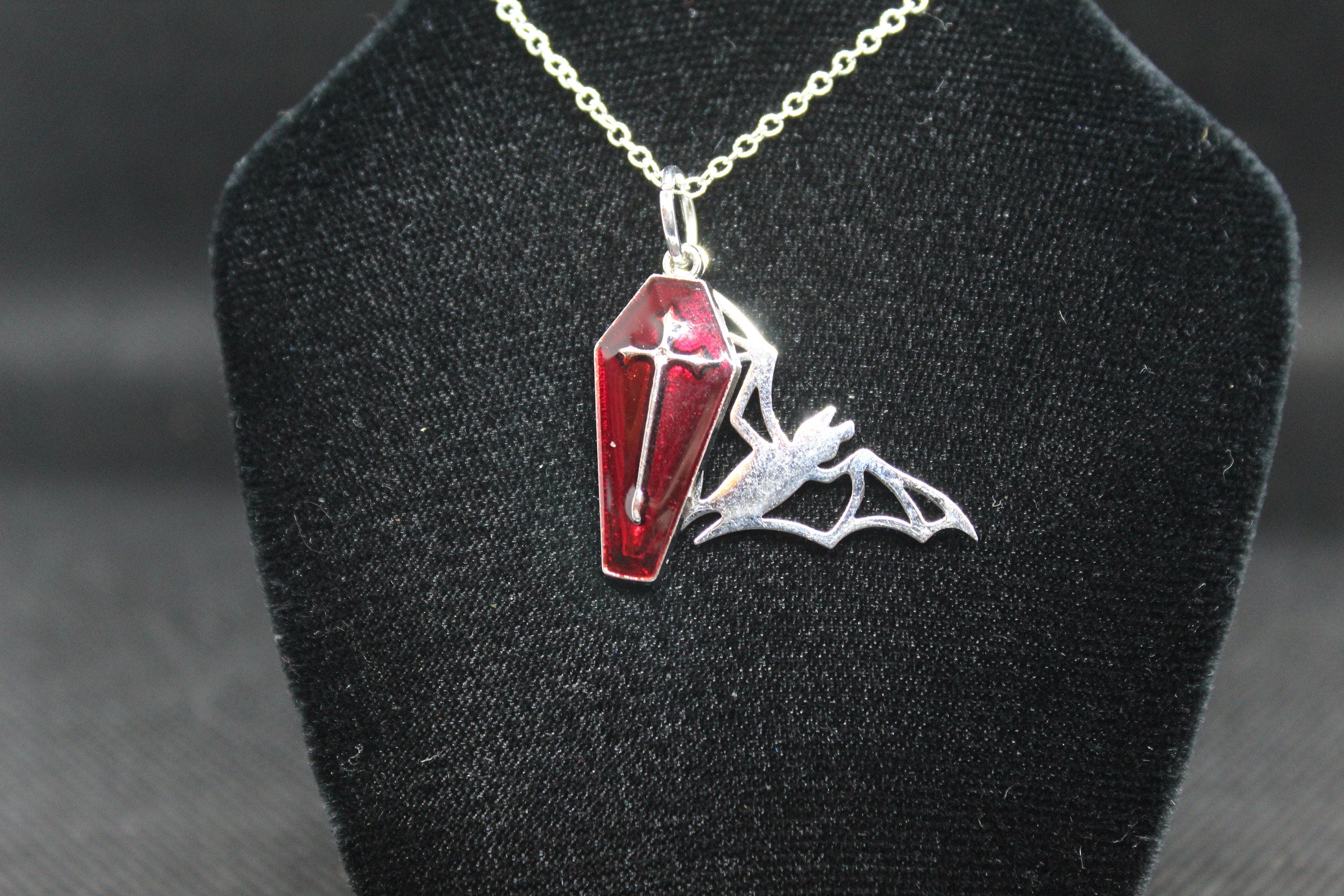 Red Coffin Bat Necklace Necklace Crystal Witch Witchy Jewelry Witchcraft Wicca Wiccan Pagan Metaphysical