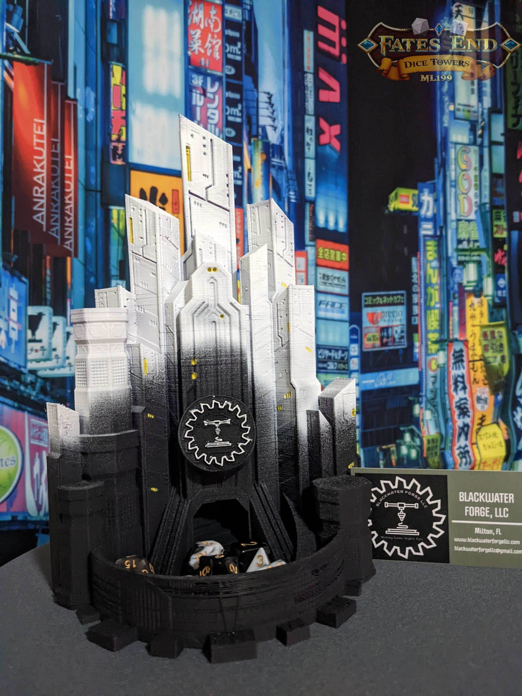 Blackwater Forge LLC Cyberpunk Dice Tower - Dive into Neon Nights & Futuristic Fights with Each Roll. - Black / Yes- Include Random Dice Set