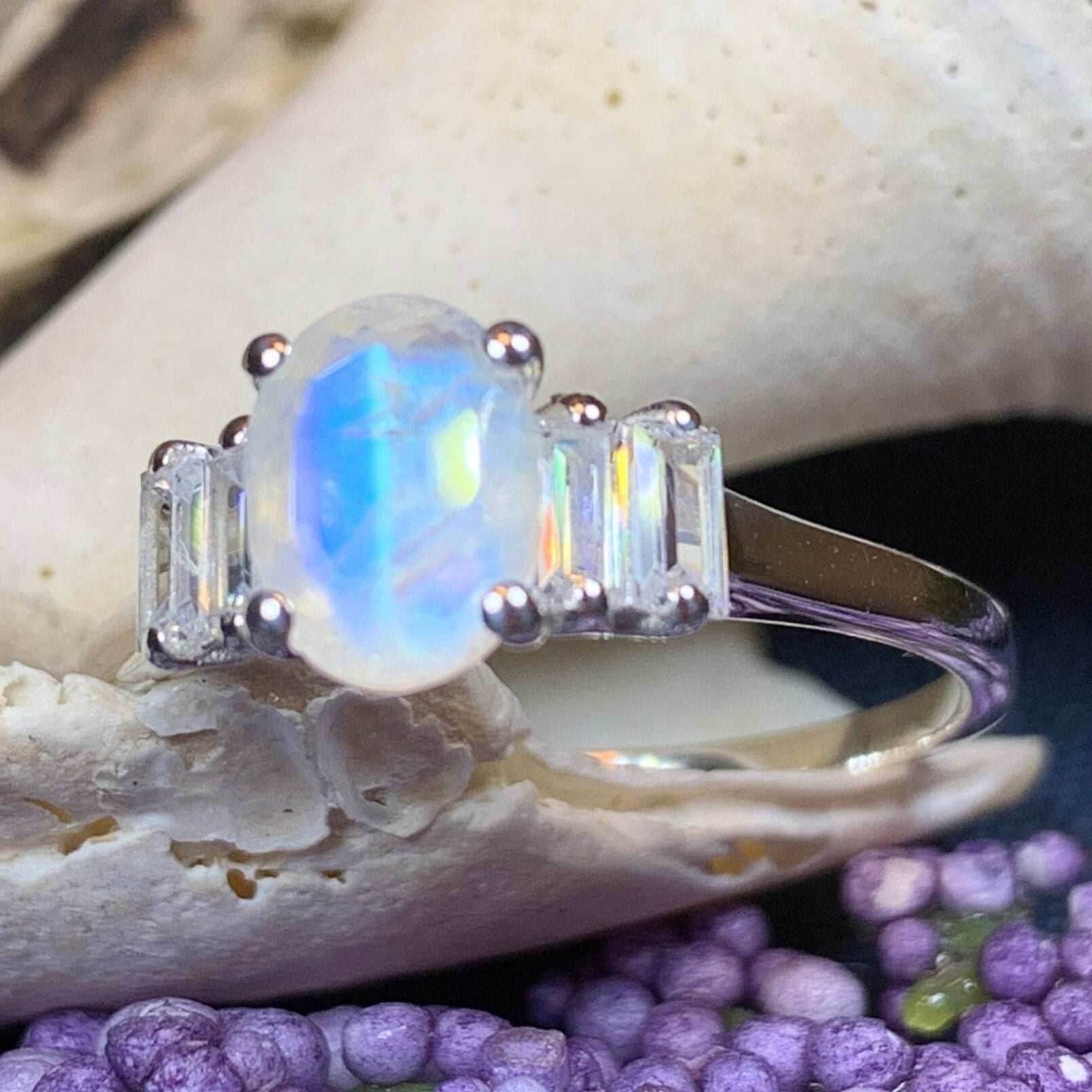 Luna Di Moonstone Ring, - 10 / Diamond CZ Side