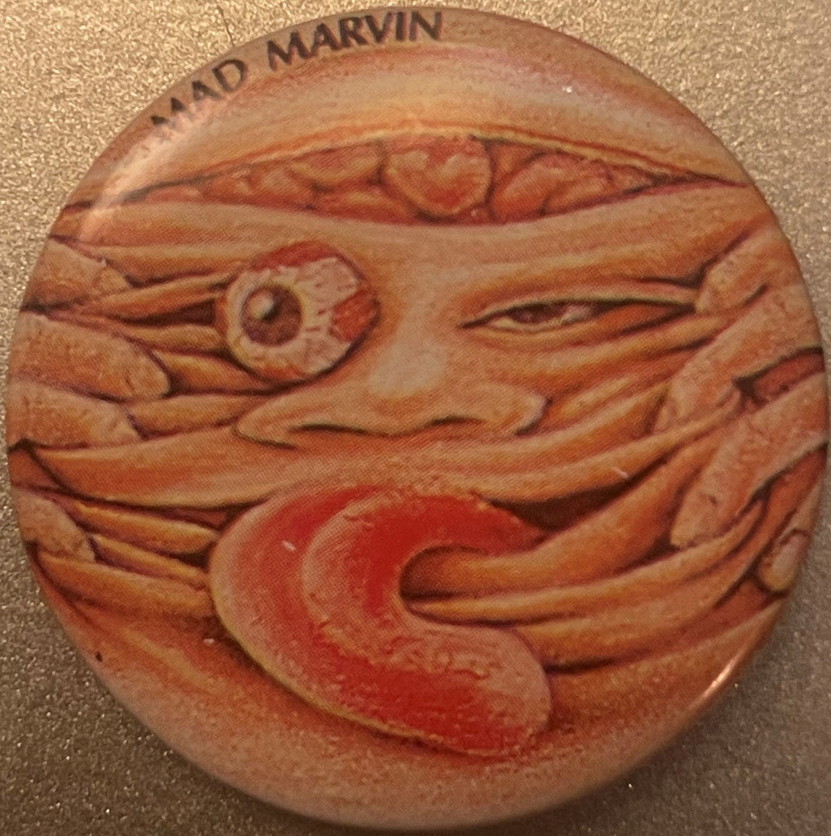 Vintage 1980s Mad Marvin Gross-Out Monster Pin 🥃 Bulging Eyeball Pinback Button, Weird Retro Collectible
