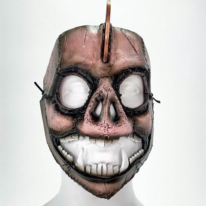 Demented Piggy Bank - Genuine Leather Mask - Real Copper Penny - Handmade Full Face Cover for Halloween or Performance Costume - 