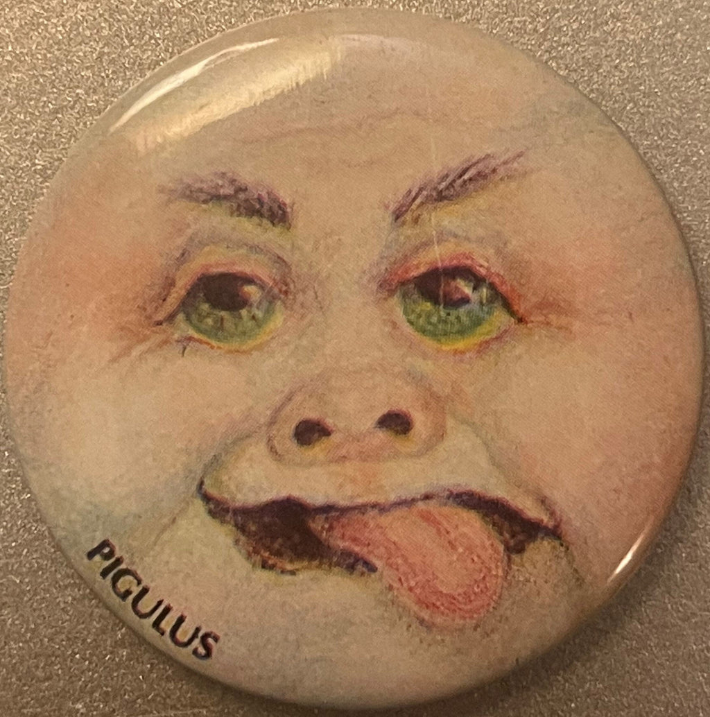Vintage Pigulus Gross-Out Monster Pin 📌 Pig-Nosed Baby Face Pinback Button, Weird Retro Collectible