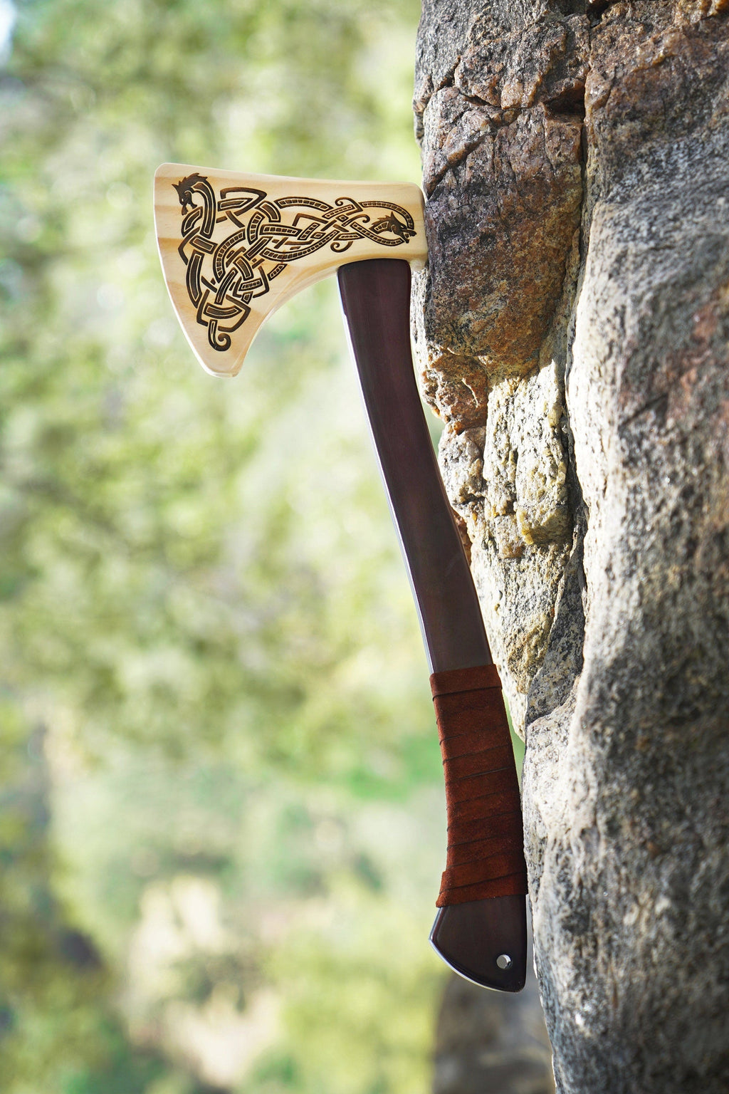 Wooden Play Axe with Norse Motif Engraving