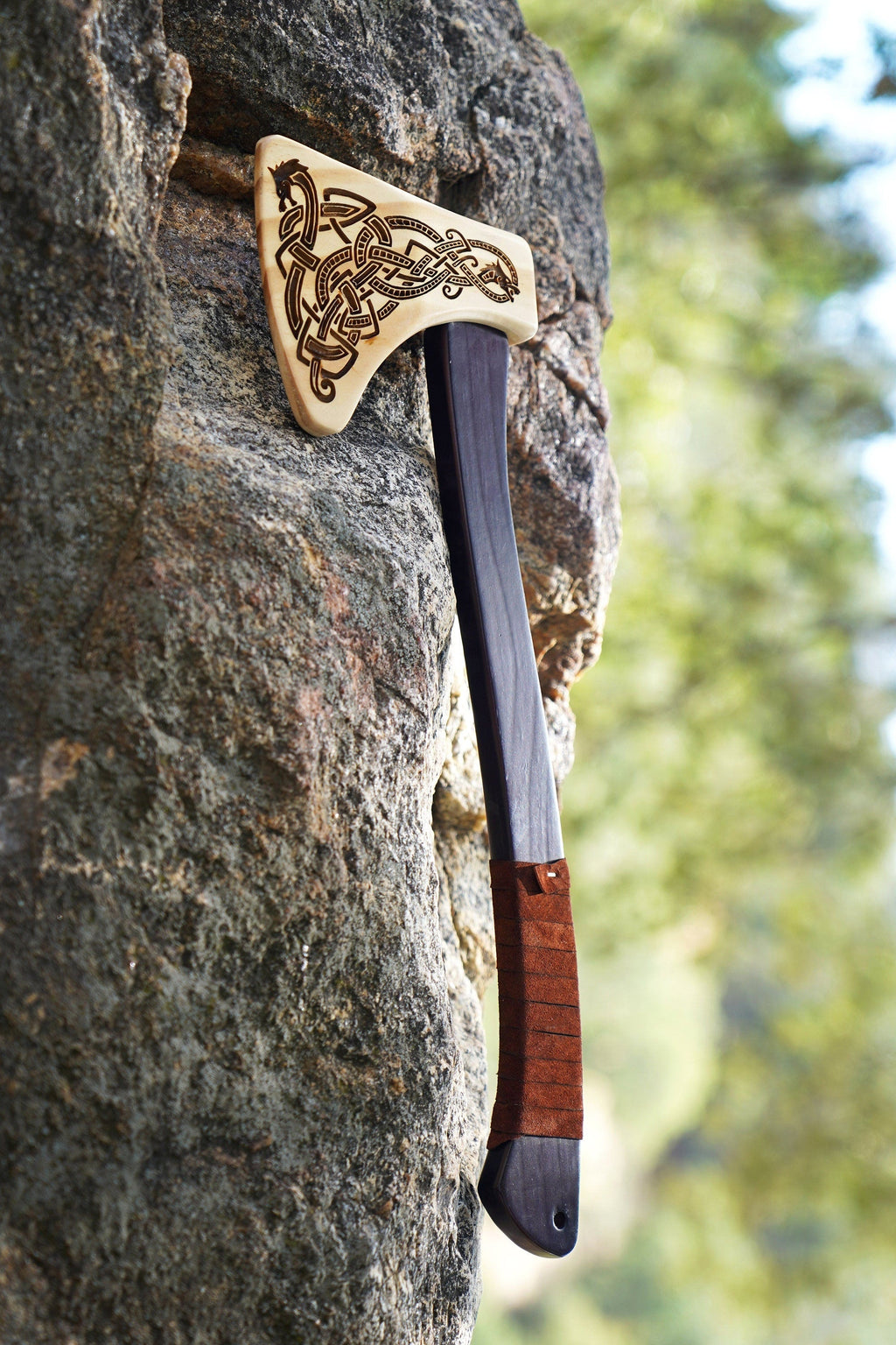 Wooden Play Axe with Norse Motif Engraving