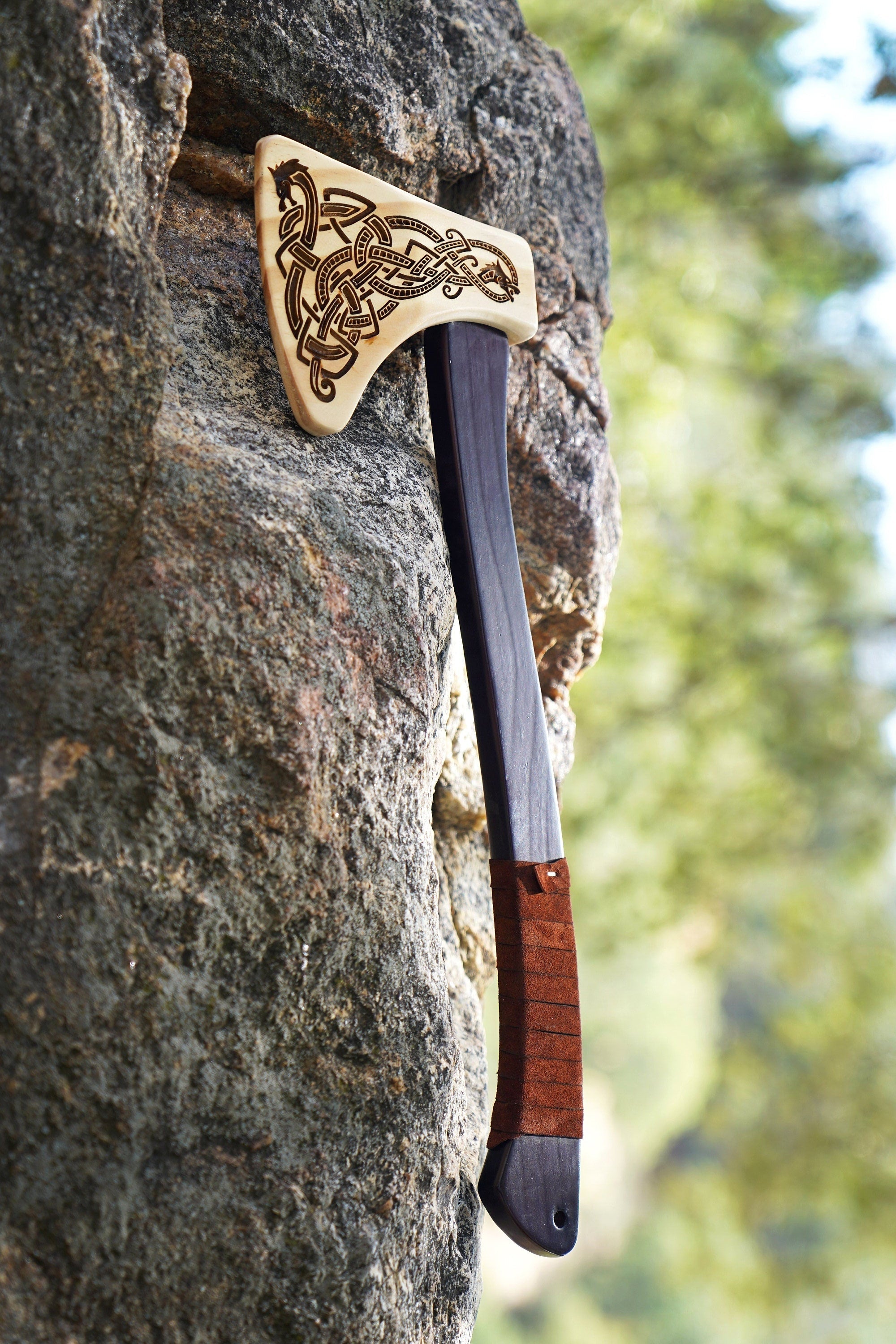 Wooden Play Axe with Norse Motif Engraving