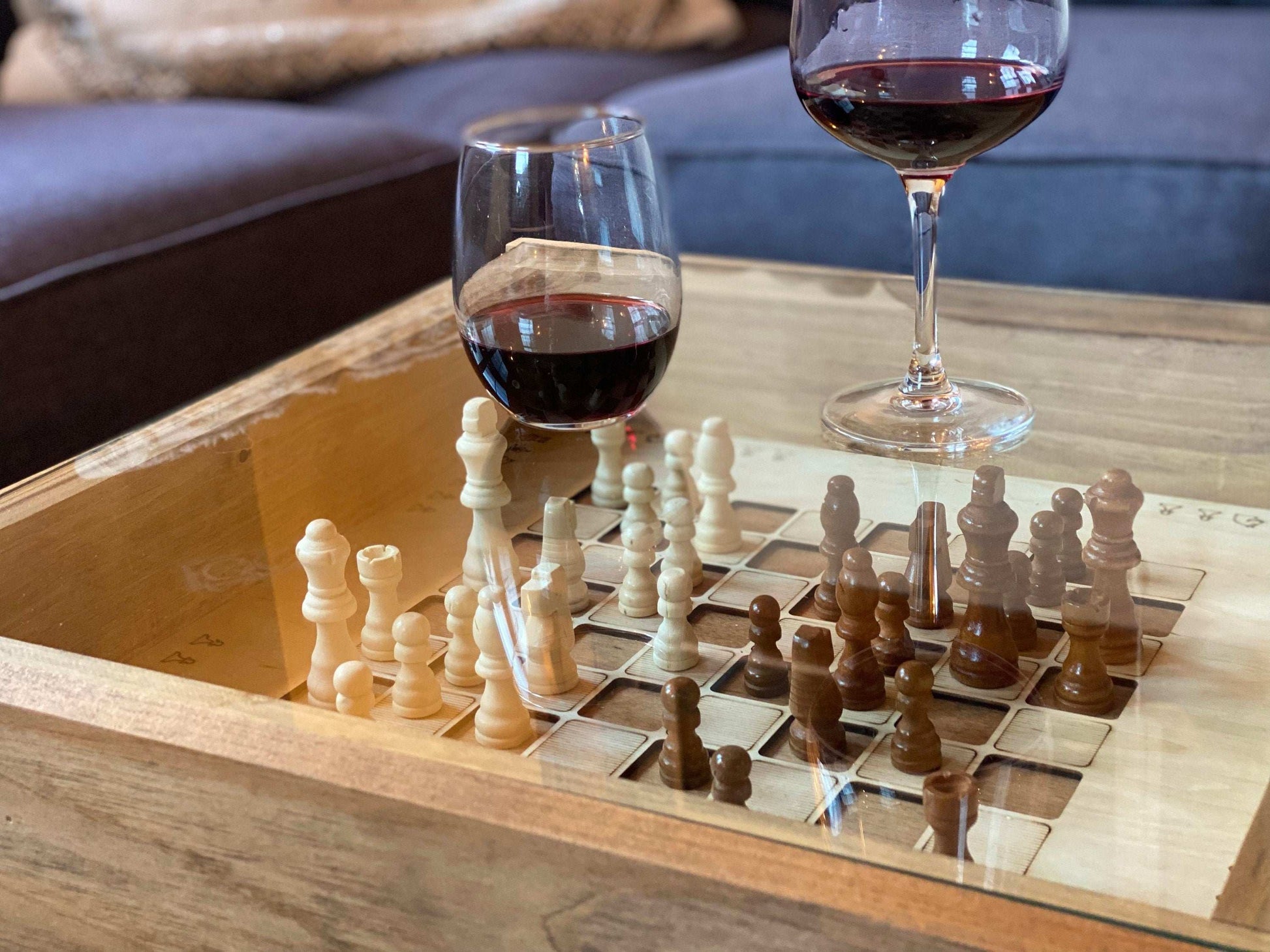 Rustic Chess and Checkers Table with removable glass top - chess and checkers pieces included - 