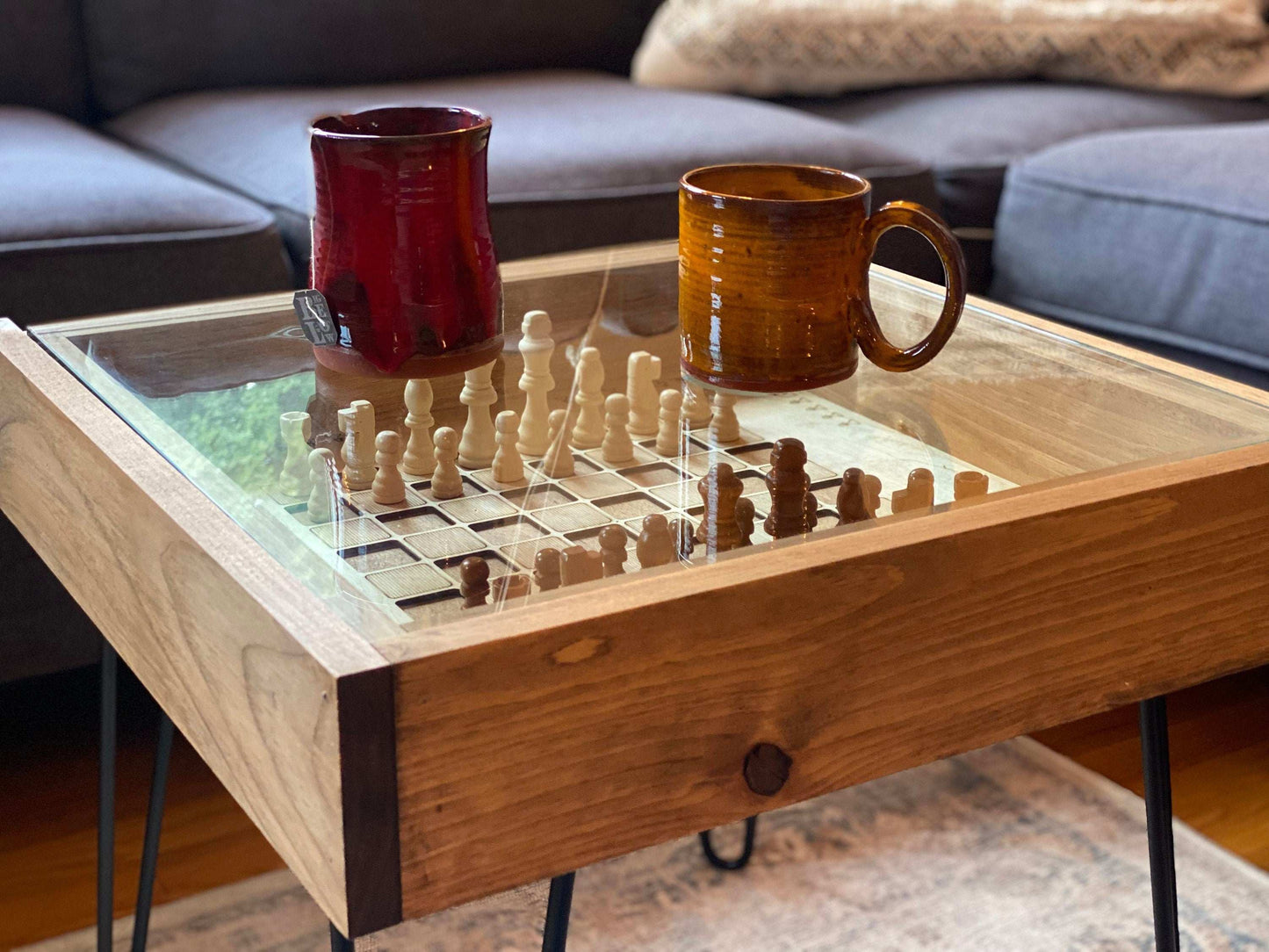 Rustic Chess and Checkers Table with removable glass top - chess and checkers pieces included - 