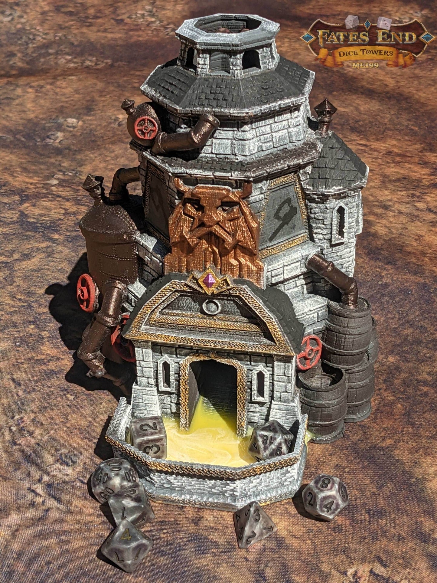Dwarven Brewery Dice Tower - Fate's End Collection - Pour Forth Legendary Rolls Amidst Ale-Infused Anvils! - Black / Yes- Include Random Dice Set