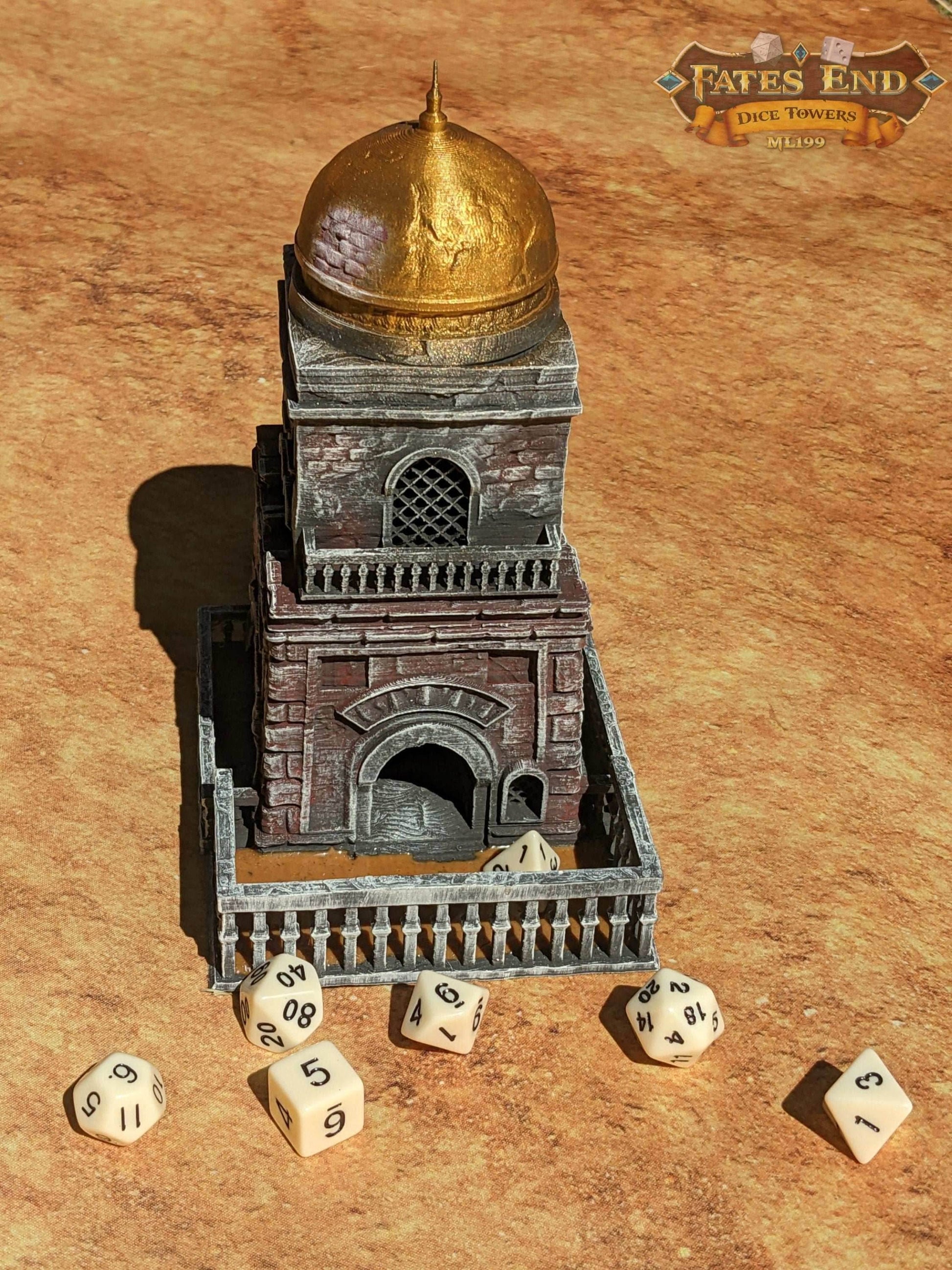 Sand Citadel 3D Printed Dice Tower - Fate's End Collection -Journey through the Sands of Time! - Black / Yes- Include Random Dice Set