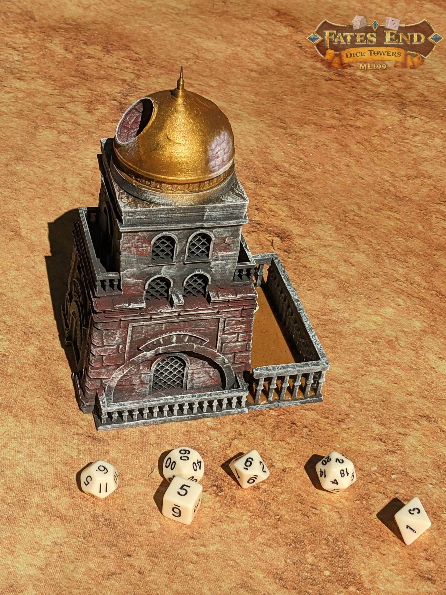Sand Citadel 3D Printed Dice Tower - Fate's End Collection -Journey through the Sands of Time! - Black / Yes- Include Random Dice Set