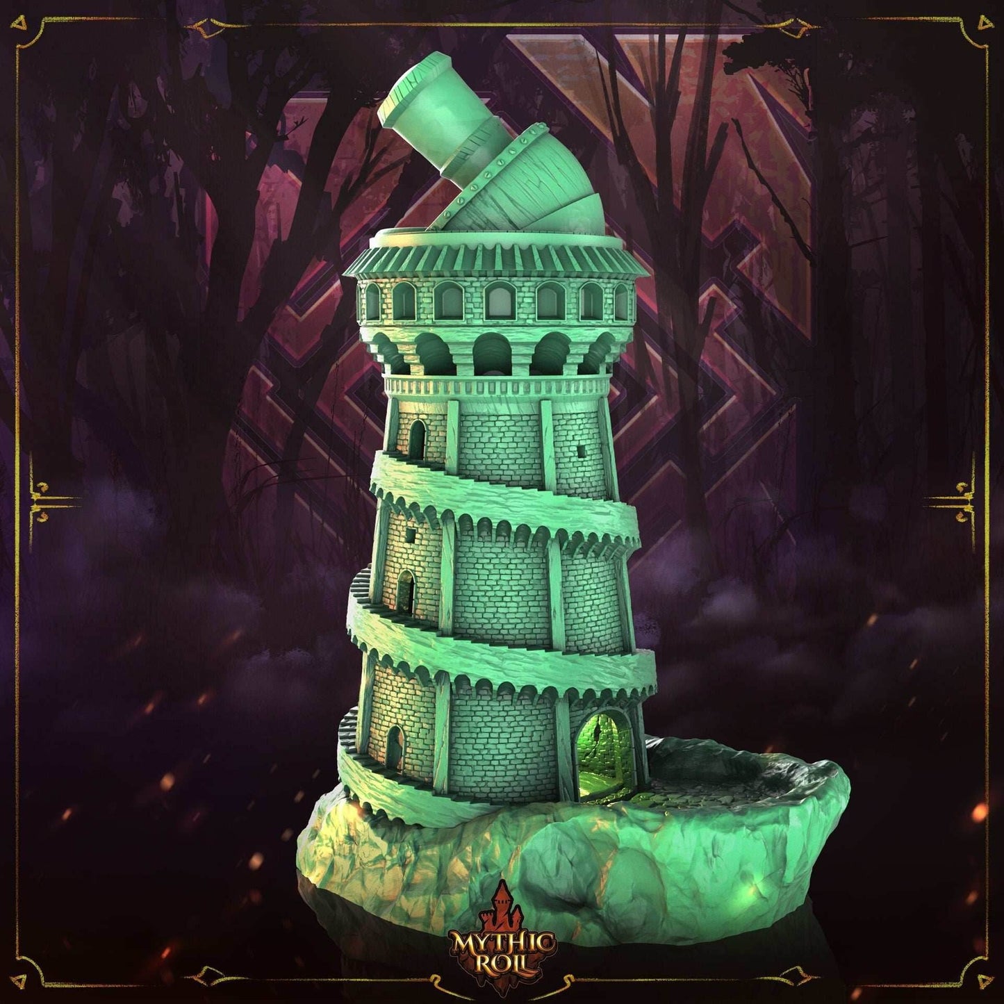 Explorer's Observatory 3D Printed Dice Tower - Mythic Roll - Unchained Games - Gazing into the stars! - Black / Yes- Include Random Dice Set