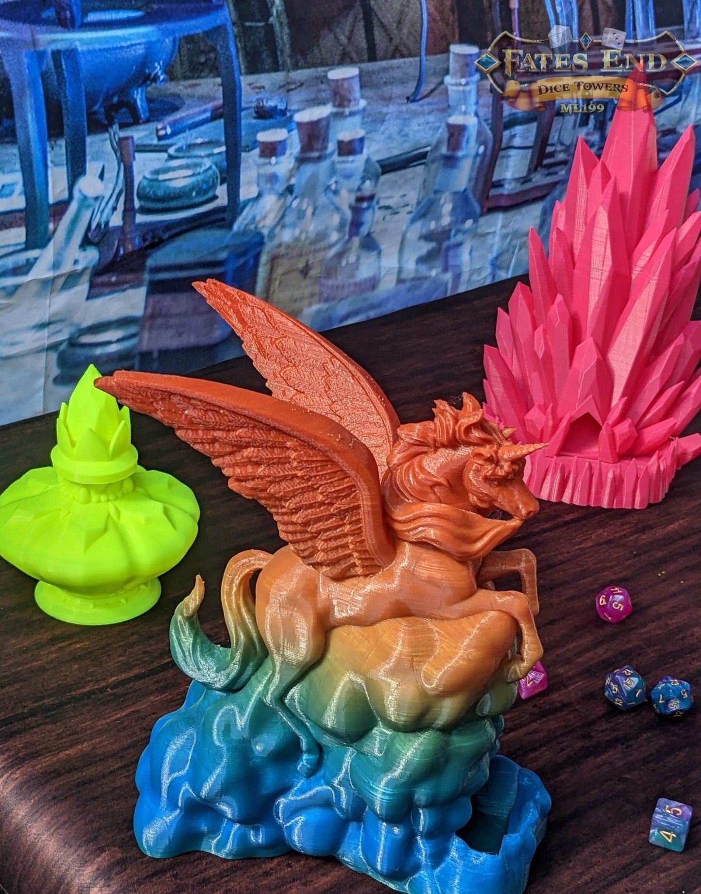 Alicorn & Unicorn 3D Printed Dice Tower- Fate's End Collection - Magical Dice Rolling Experience - Black / Alicorn (With Wings)