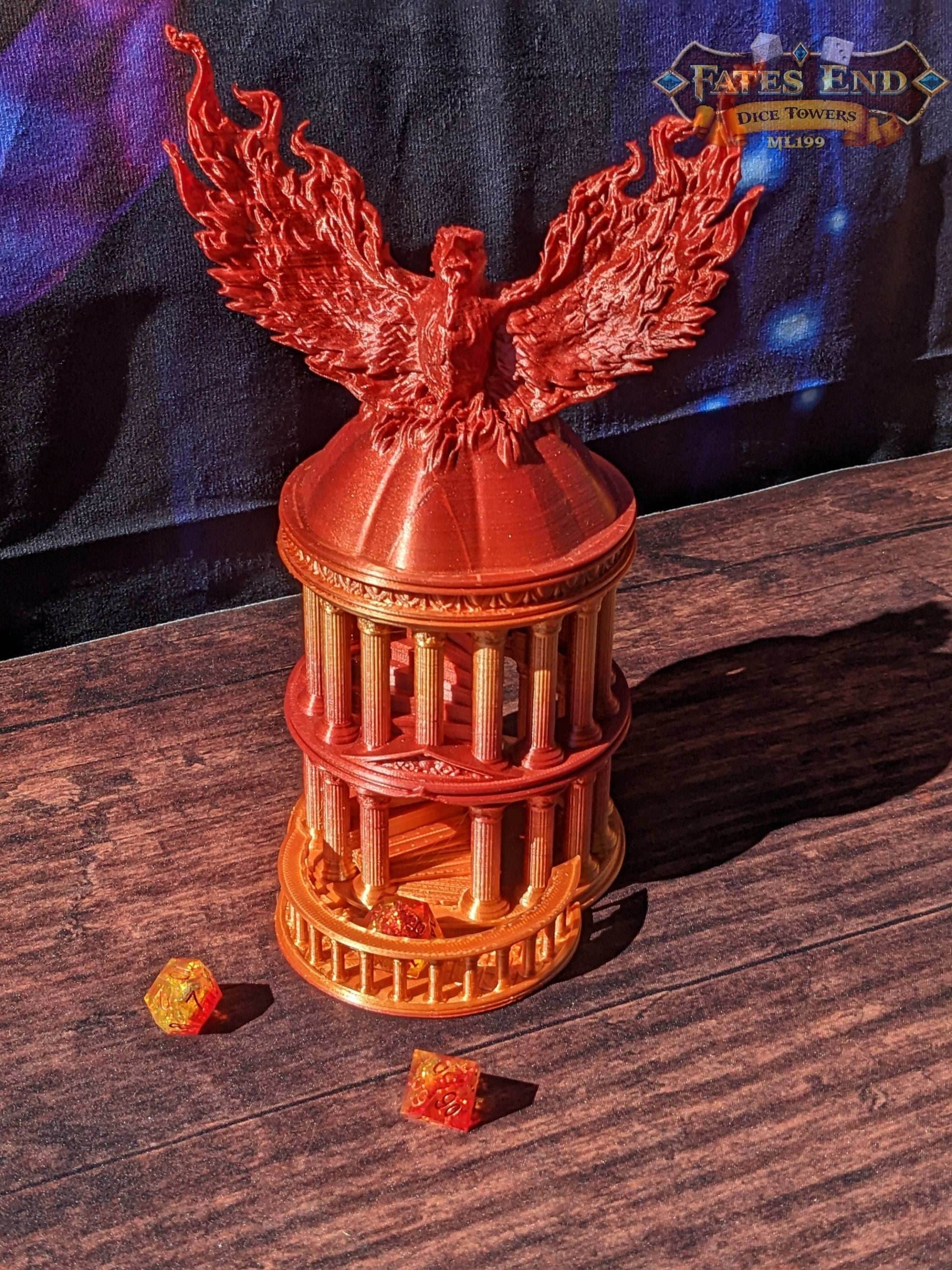 Phoenix 3D Printed Dice Tower - Fate's End Collection - Ignite Your Rolls with Flames of Rebirth and Soaring Resilience. - Black / Yes- Include Random Dice Set