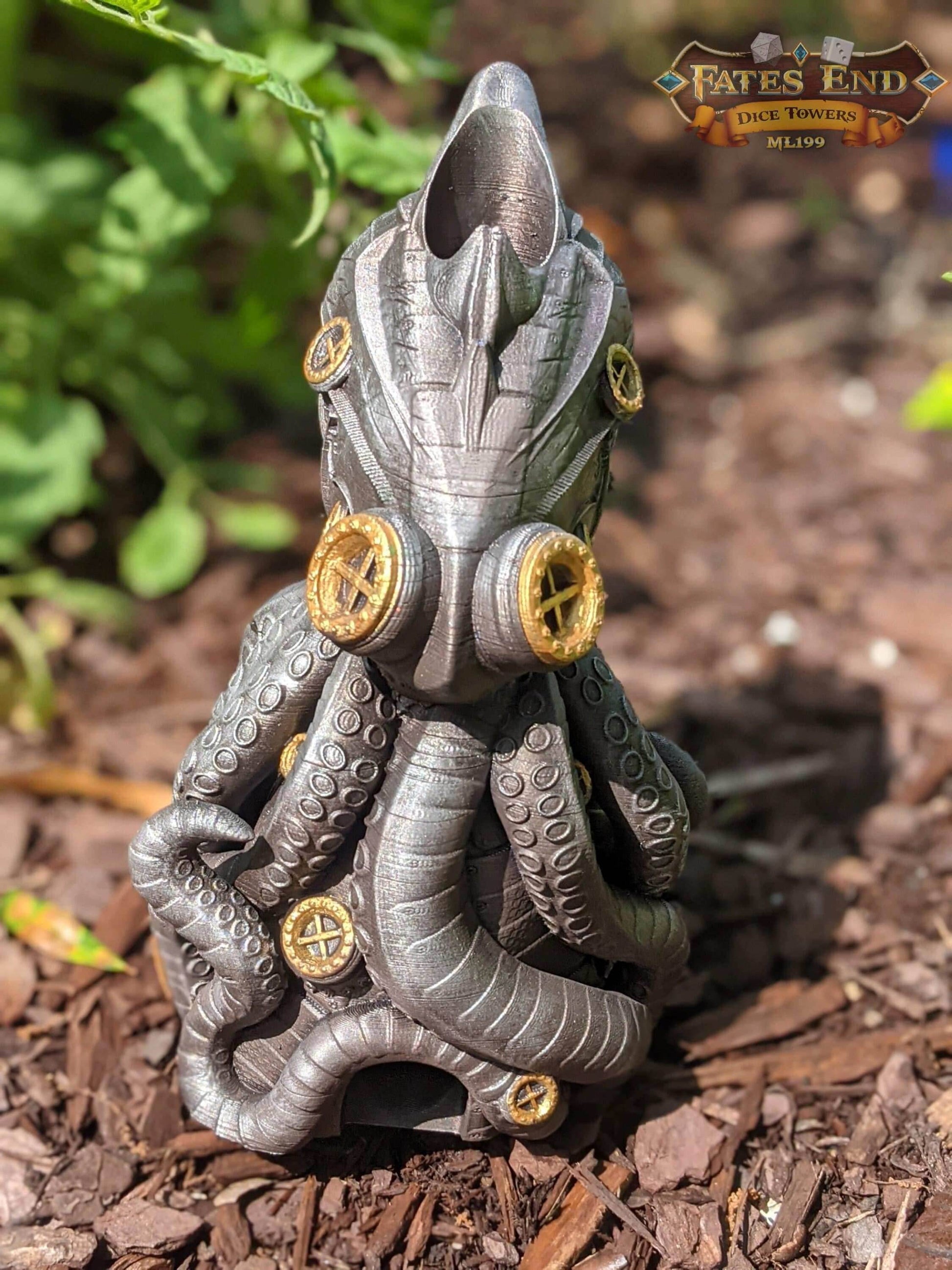 Octopunk Steampunk 3D Printed Dice Tower-Fate's End Collection- Dive Deep into a Steampunk and Octopus Inspired Design! - Black / Yes- Include Random Dice Set