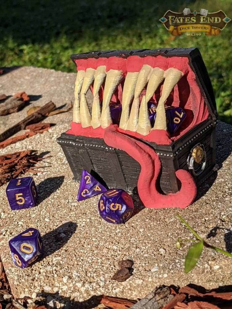 Mimic 3D Printed Dice Jail | RPG Dice Vault | D20 Box | Player Gift - Fate's End Collection - Beware this Treasure Chest Adventurers! - Black / Yes- Include Random Dice Set