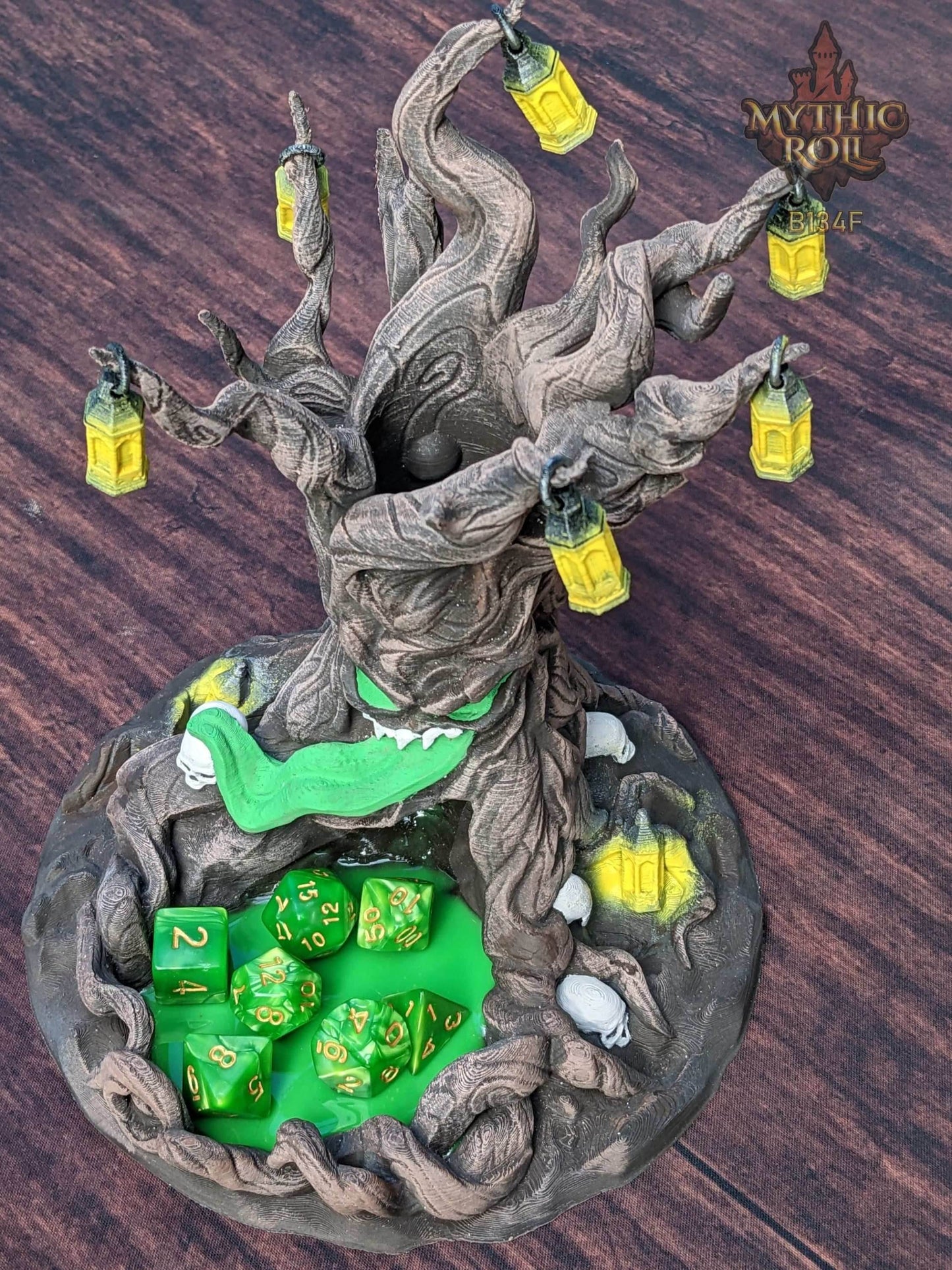 Mimic Terror Tree 3D Printed Dice Tower - Mythic Roll Collection by Unchained Games - Monsters and Nature Intertwined! - Black / Yes- Include Random Dice Set