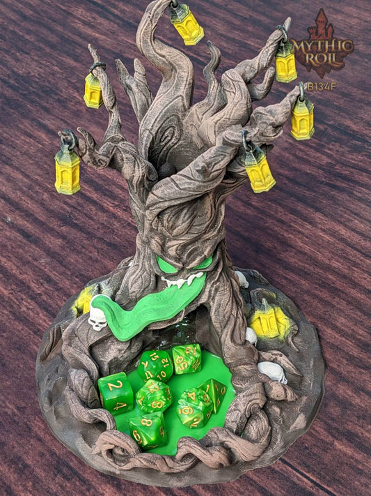 Mimic Terror Tree 3D Printed Dice Tower - Mythic Roll Collection by Unchained Games - Monsters and Nature Intertwined! - Black / Yes- Include Random Dice Set
