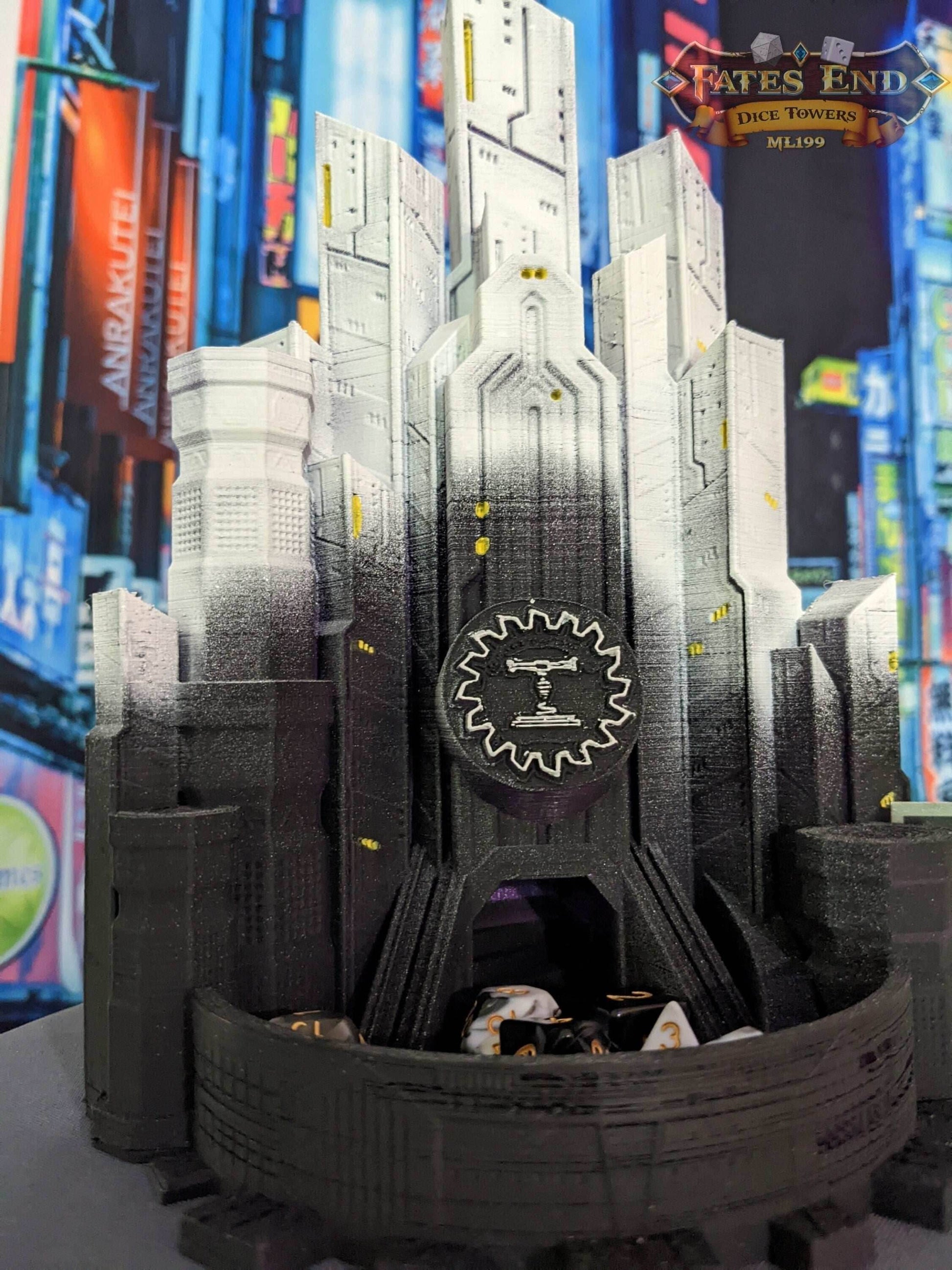 Blackwater Forge LLC Cyberpunk Dice Tower - Dive into Neon Nights & Futuristic Fights with Each Roll. - Black / Yes- Include Random Dice Set