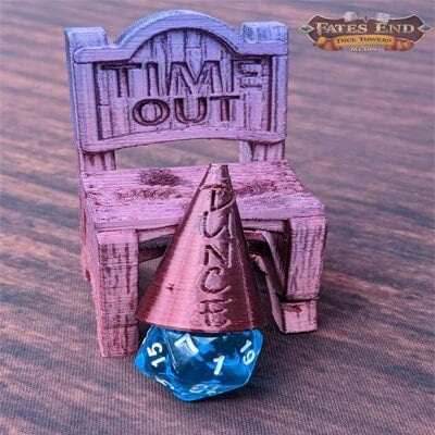 Time Out Chair & Dunce Cap 3D Printed Dice Jail - RPG Dice Vault - D20 Shame Chair - Roll for Redemption and Shameless Fun - Black / Yes- Include Random Dice Set