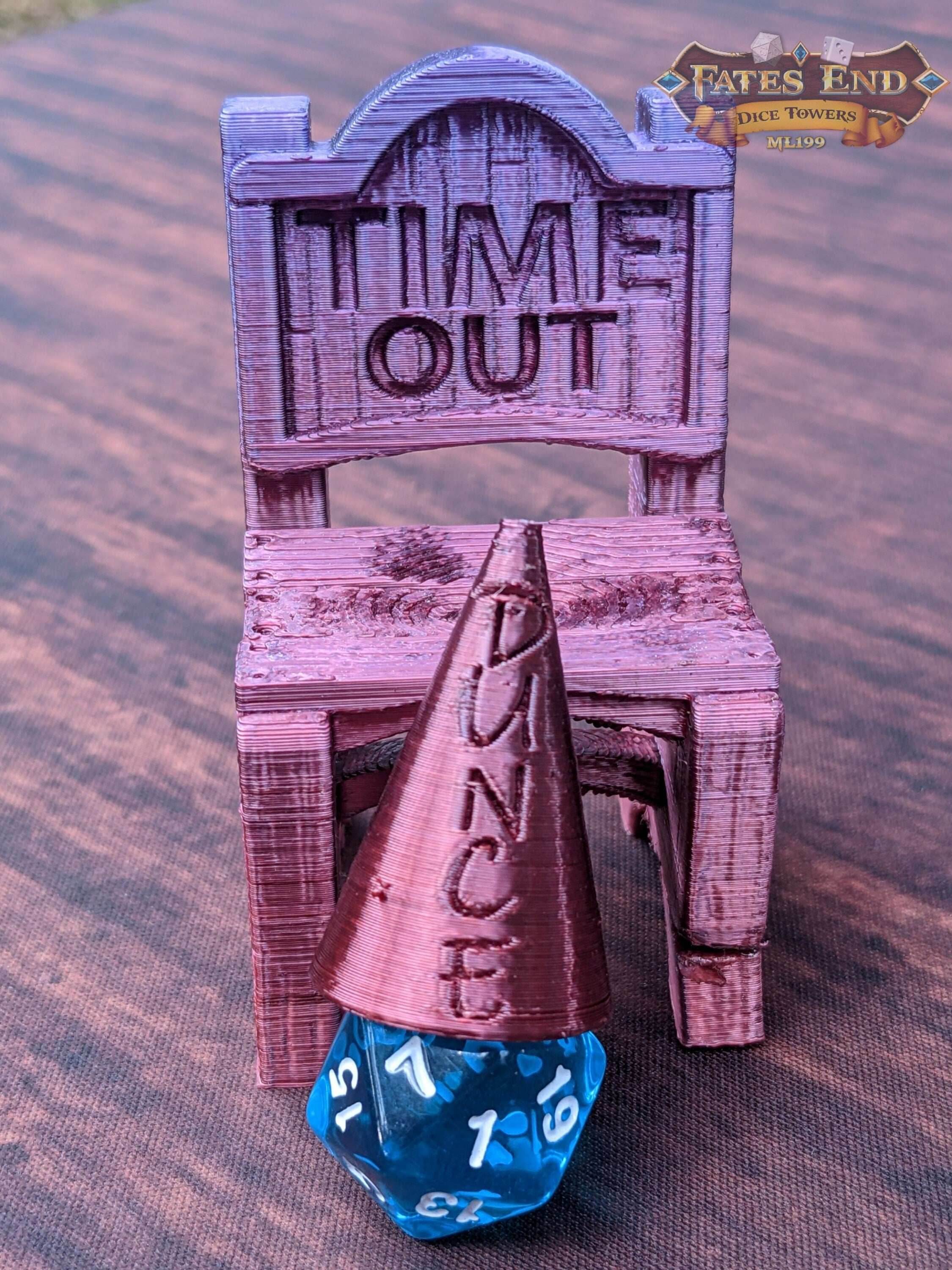 Time Out Chair & Dunce Cap 3D Printed Dice Jail - RPG Dice Vault - D20 Shame Chair - Roll for Redemption and Shameless Fun - Black / Yes- Include Random Dice Set
