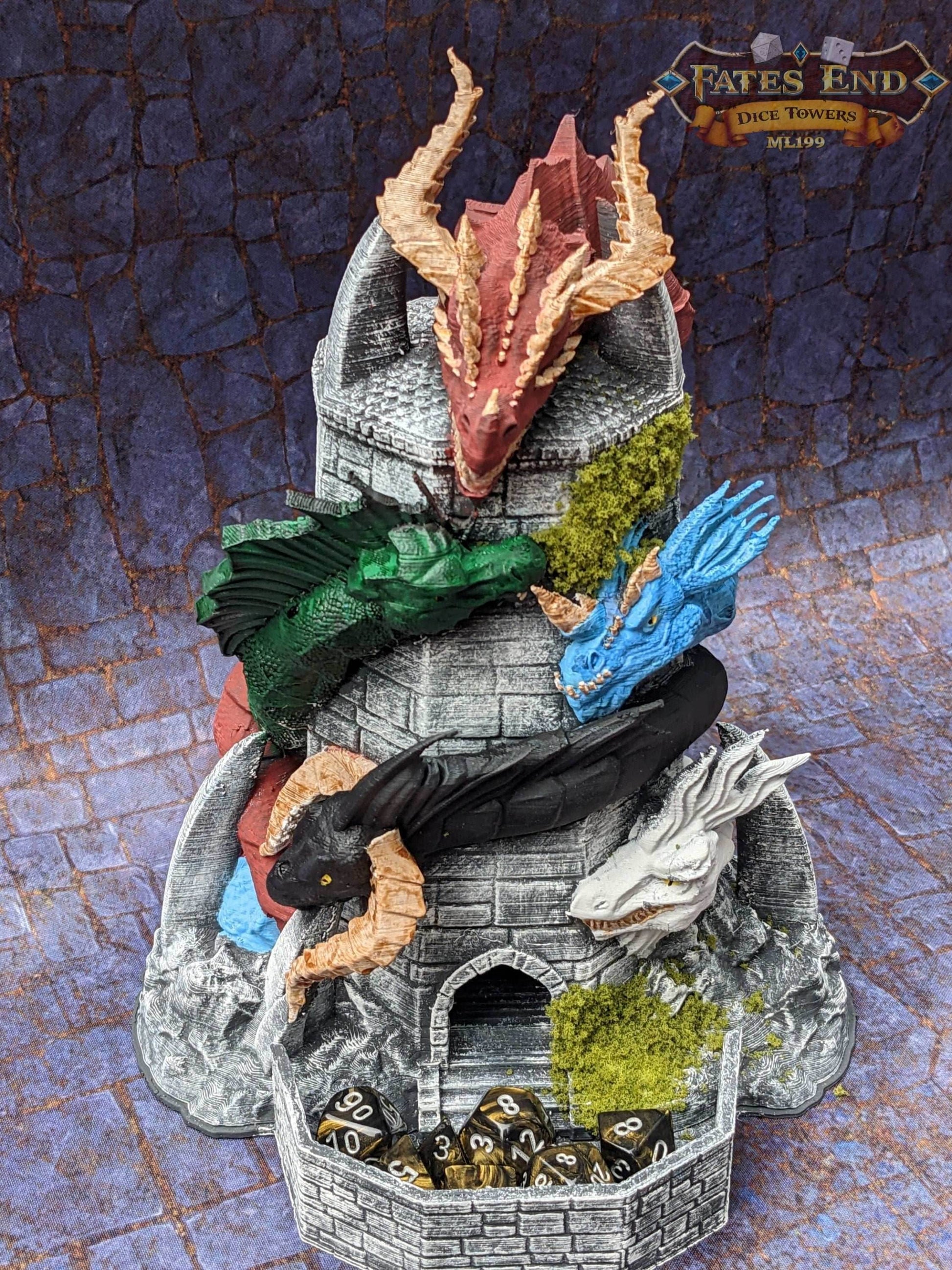 Tiamat Dragon 3D Printed Dice Tower - Fate's End Collection - Tabletop RPG Gaming - DnD D&D - Unleash Fivefold Fury in Your Dice Rolls! - Black / Yes- Include Random Dice Set