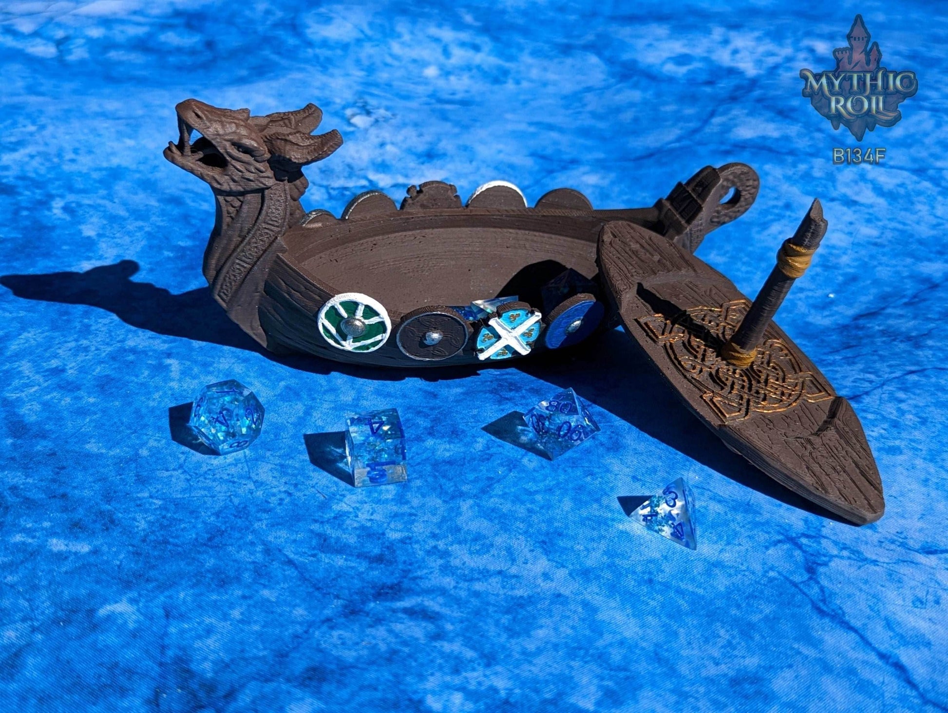 Viking Longboat 3D Printed Dice Jail | RPG Dice Vault | D20 Storage Box | Player Gift | Mythic Roll by Unchained Games - Black / Yes- Include Random Dice Set