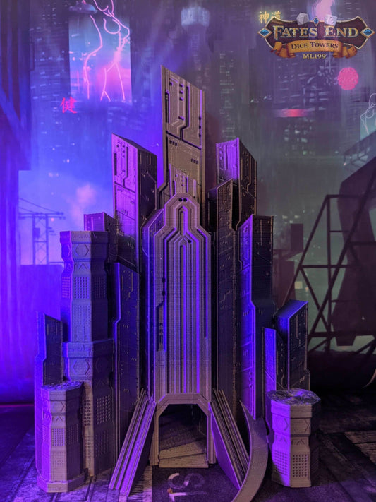 Cyberpunk Dice Tower - Fate's End Collection - Navigate Neon Realities and Futuristic Fates with Every Roll! - Black / Yes- Include Random Dice Set
