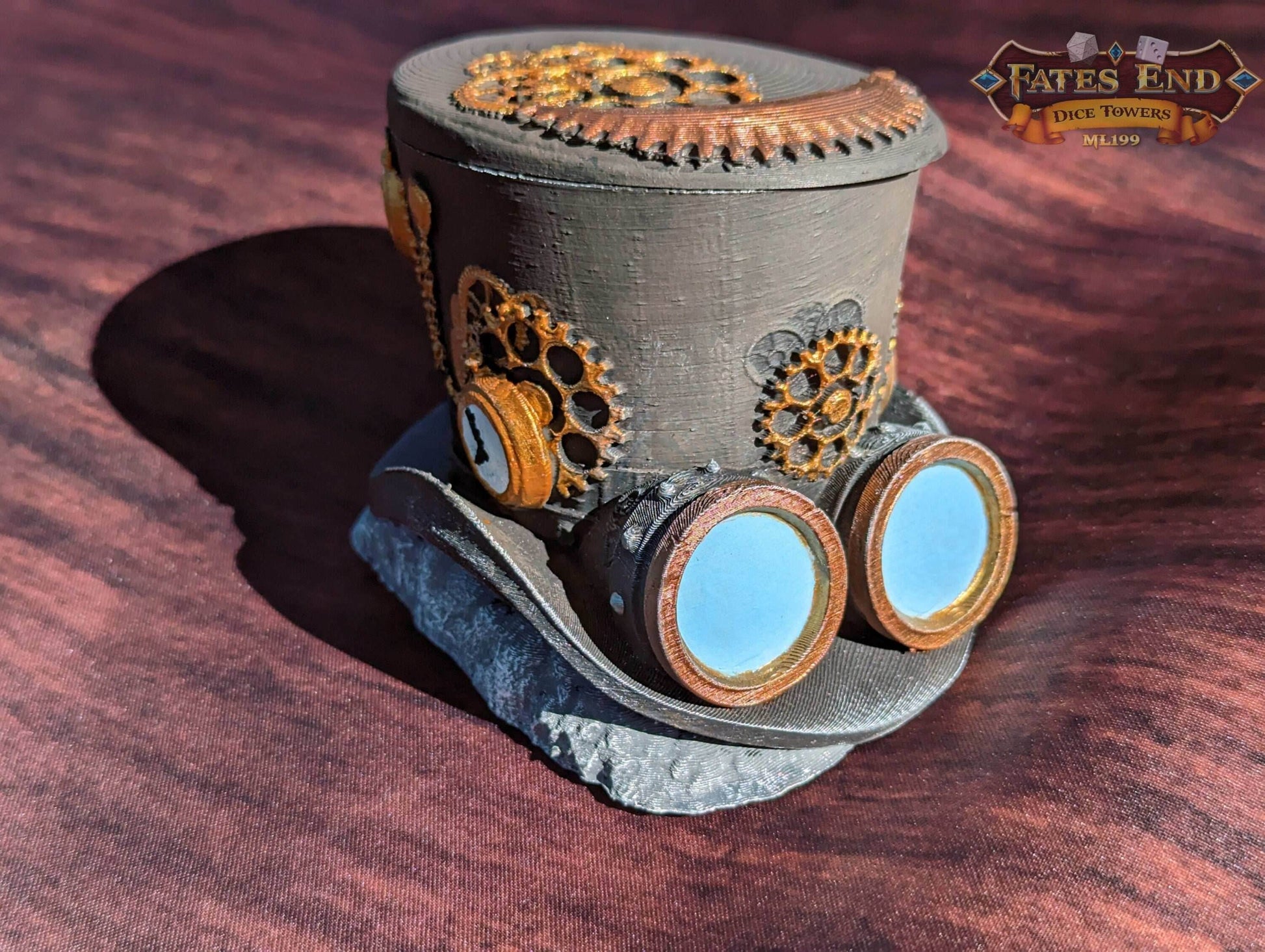 Steampunk Clock Hat 3D Printed Dice Vault - Fate's End Collection | RPG Dice Jail | D20 Dice Box | - Industrial Victorian Elegance! - Black / Yes- Include Random Dice Set