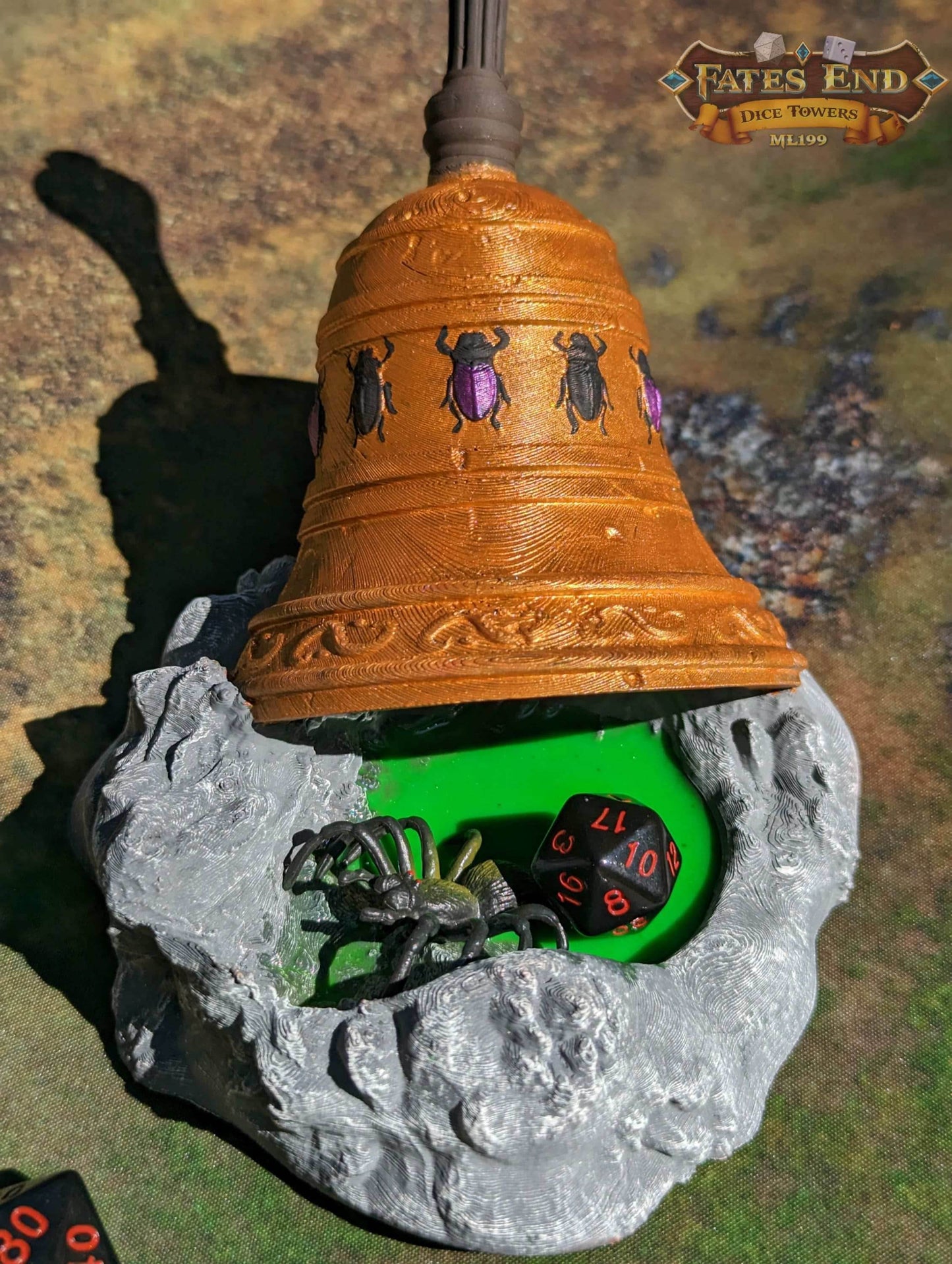 Bell of Bugs Dice Tower - Fate's End Collection - Summon Nature's Melodies and Mysteries with Every Ring. - Black / Yes- Include Random Dice Set