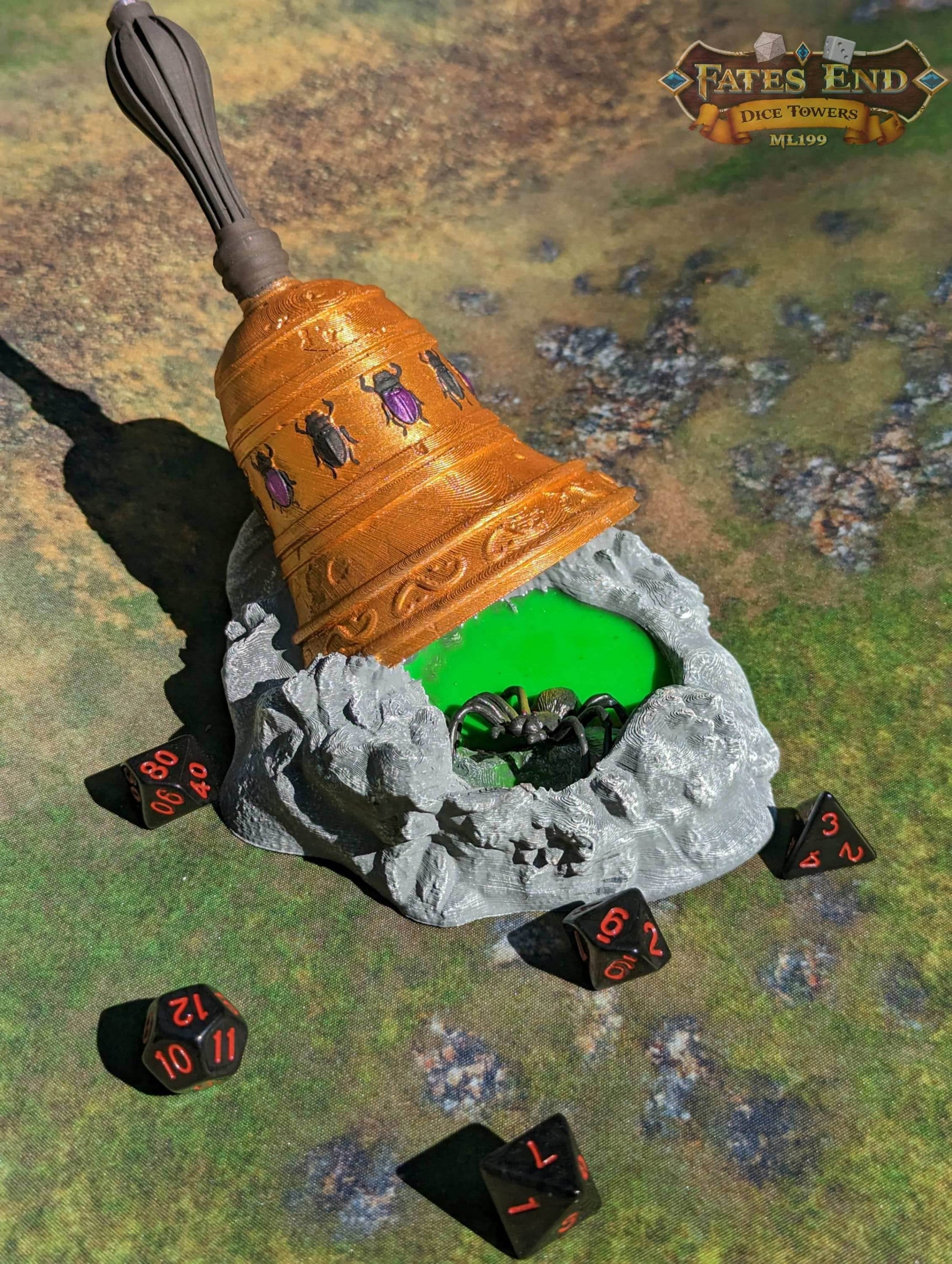 Bell of Bugs Dice Tower - Fate's End Collection - Summon Nature's Melodies and Mysteries with Every Ring. - Black / Yes- Include Random Dice Set