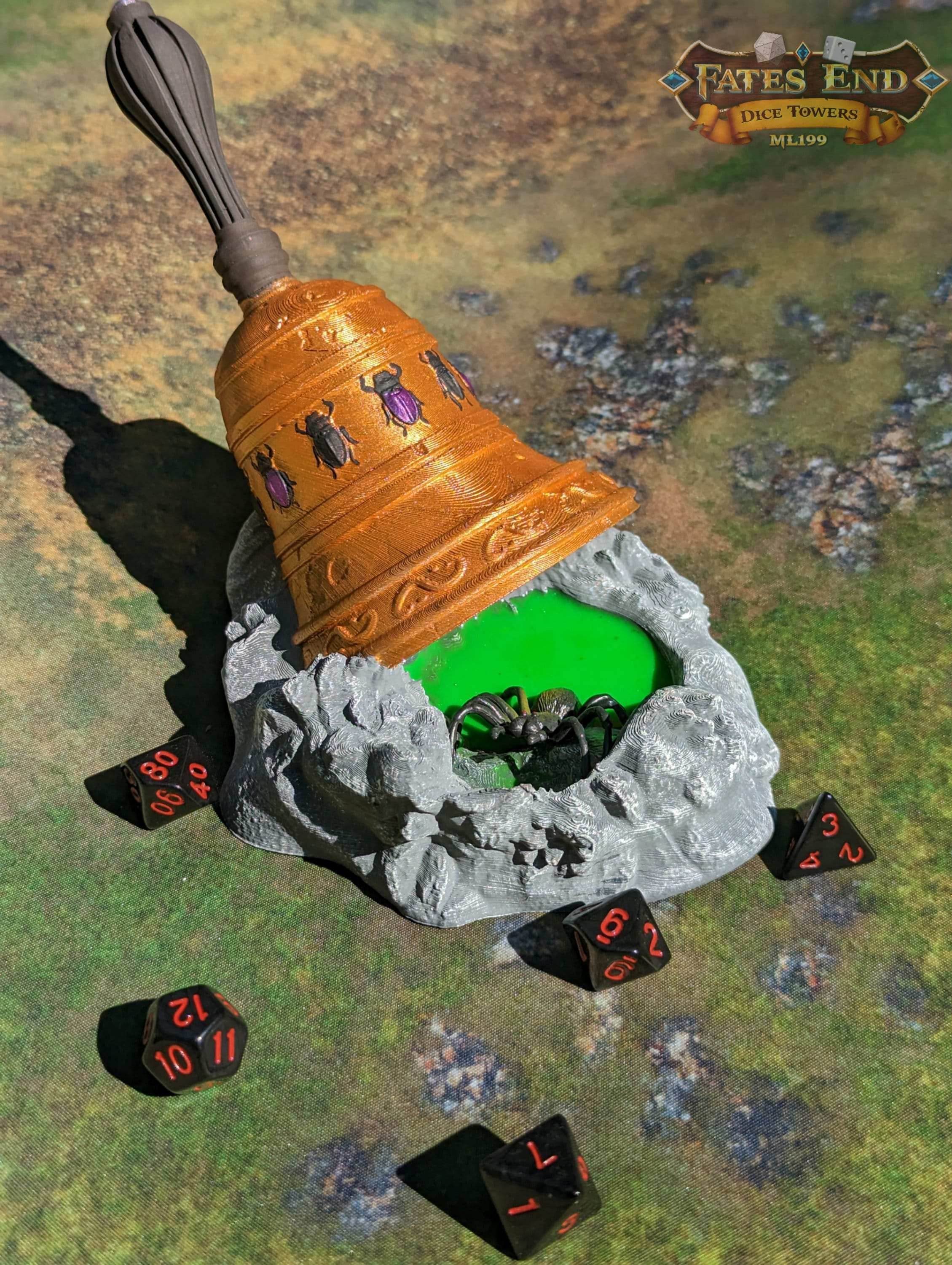 Bell of Bugs Dice Tower - Fate's End Collection - Summon Nature's Melodies and Mysteries with Every Ring. - Black / Yes- Include Random Dice Set