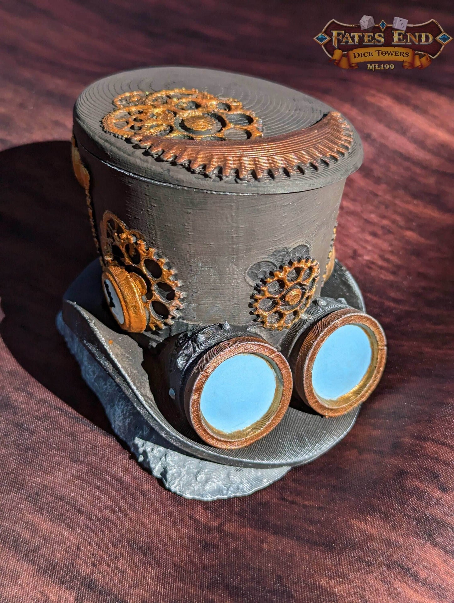 Steampunk Clock Hat 3D Printed Dice Vault - Fate's End Collection | RPG Dice Jail | D20 Dice Box | - Industrial Victorian Elegance! - Black / Yes- Include Random Dice Set
