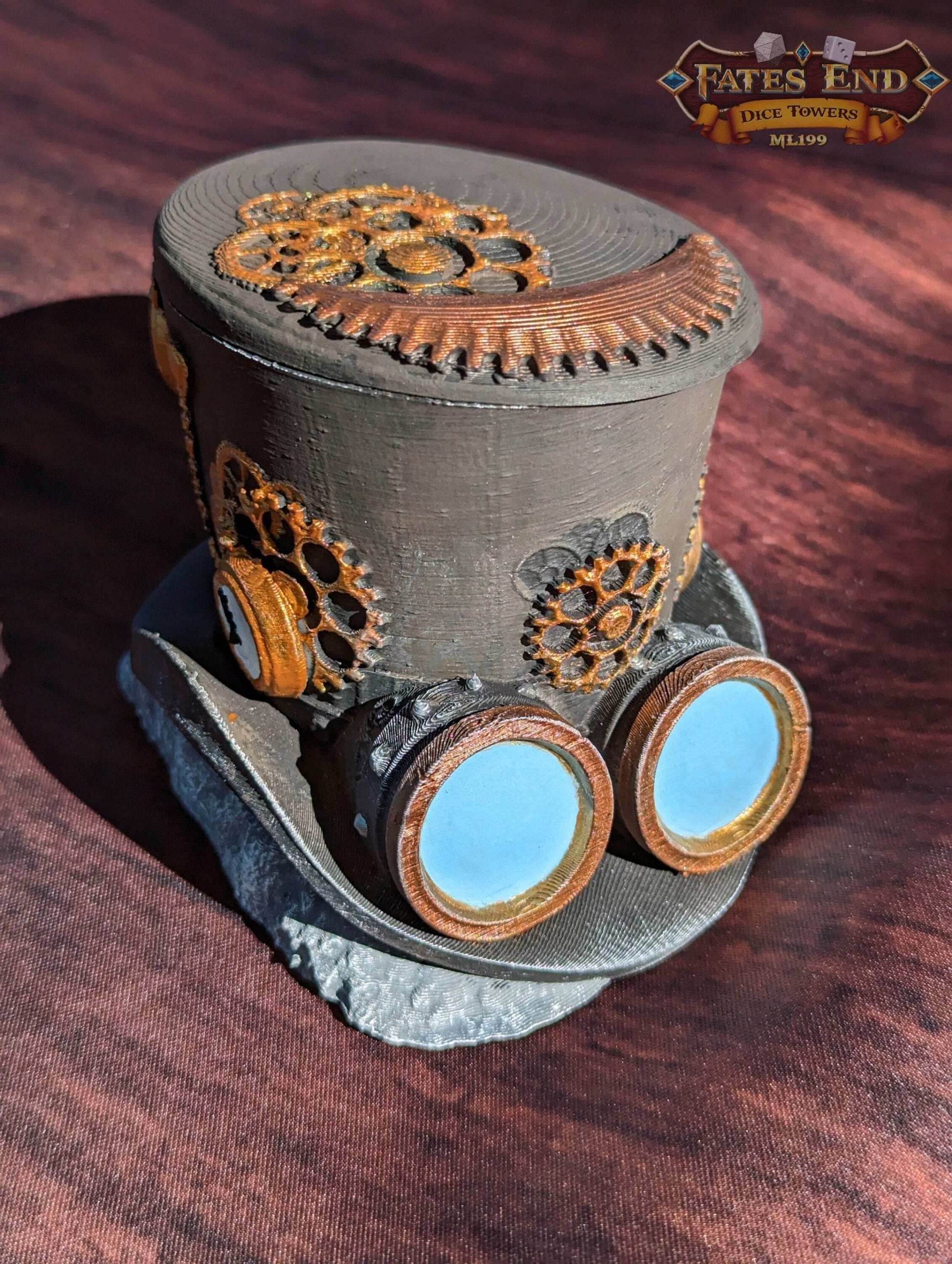 Steampunk Clock Hat 3D Printed Dice Vault - Fate's End Collection | RPG Dice Jail | D20 Dice Box | - Industrial Victorian Elegance! - Black / Yes- Include Random Dice Set