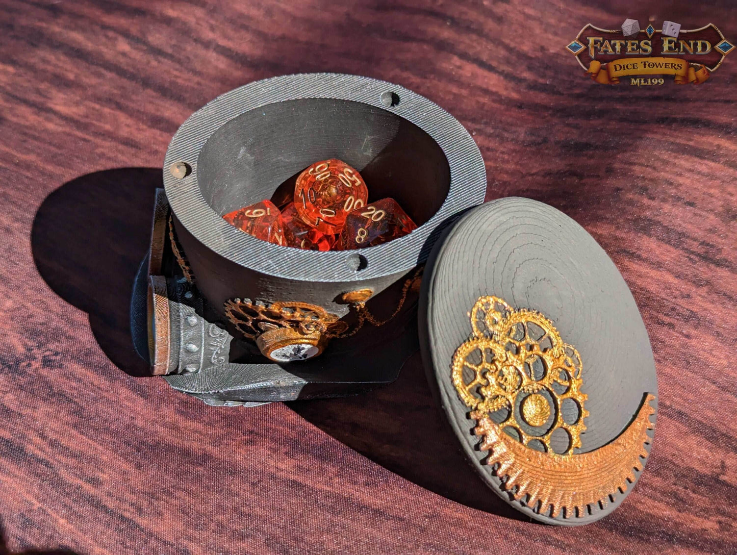 Steampunk Clock Hat 3D Printed Dice Vault - Fate's End Collection | RPG Dice Jail | D20 Dice Box | - Industrial Victorian Elegance! - Black / Yes- Include Random Dice Set