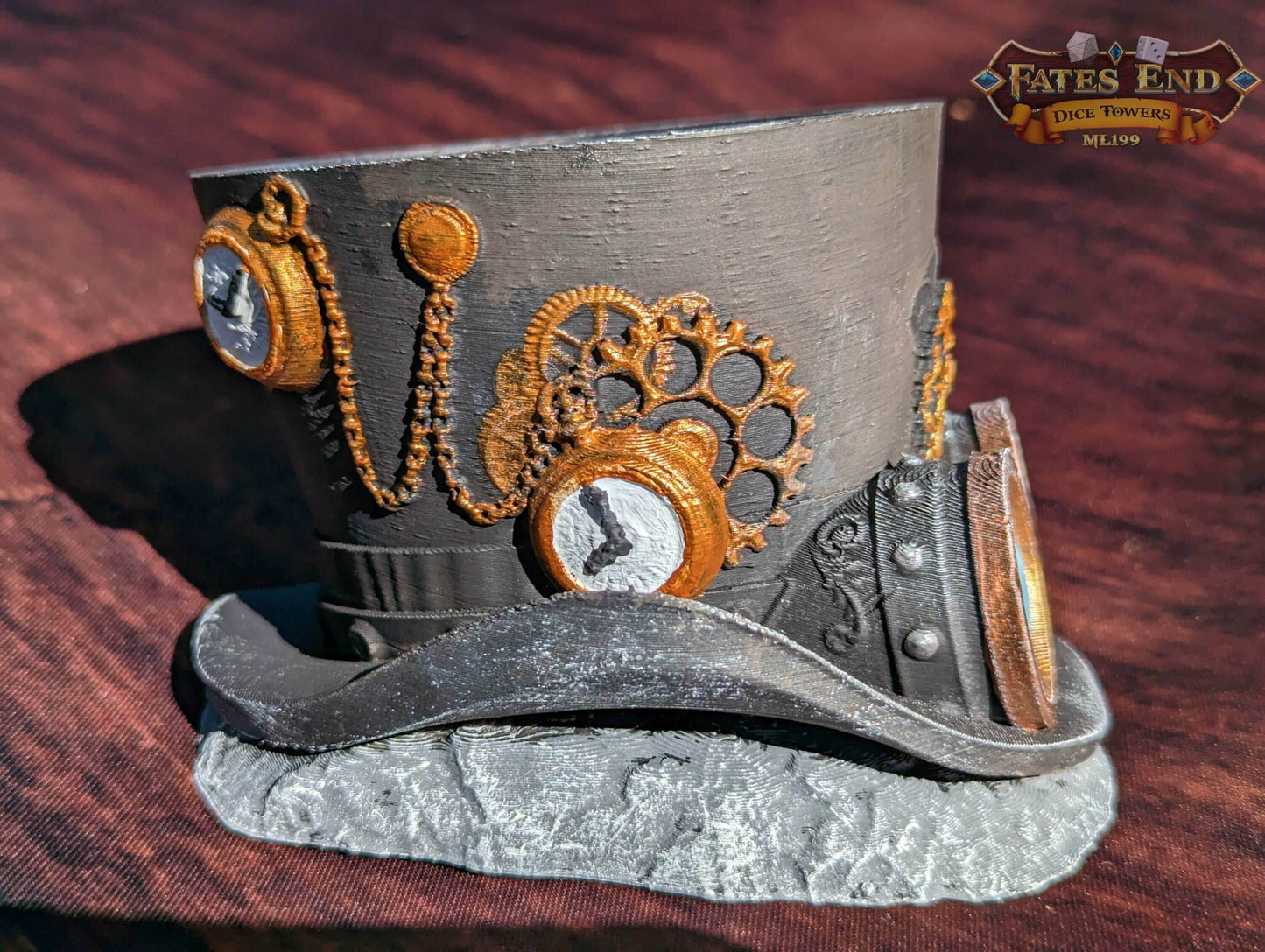 Steampunk Clock Hat 3D Printed Dice Vault - Fate's End Collection | RPG Dice Jail | D20 Dice Box | - Industrial Victorian Elegance! - Black / Yes- Include Random Dice Set