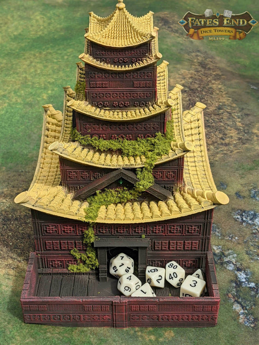 Pagoda Temple - 3D Printed Dice Tower - Fate's End Collection - Channel Serenity & Precision Rolls. - Black / Yes- Include Random Dice Set