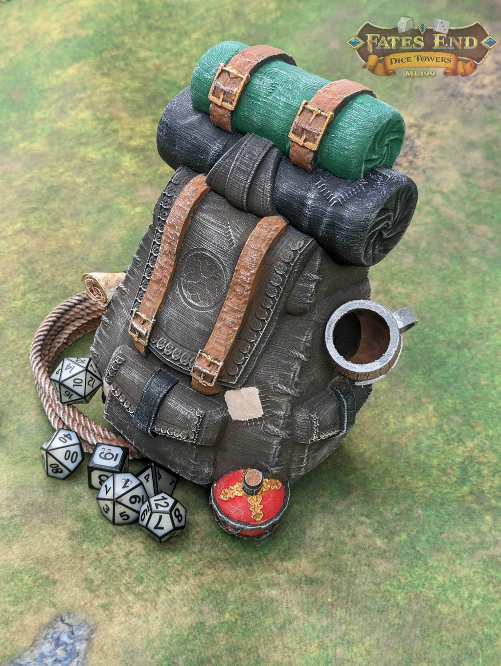 Ranger Back Pack 3D Printed Dice Tower - Fate's End Collection | Dice Tray | D20 Dice Vault - Adventure Time! - Black / Yes- Include Random Dice Set