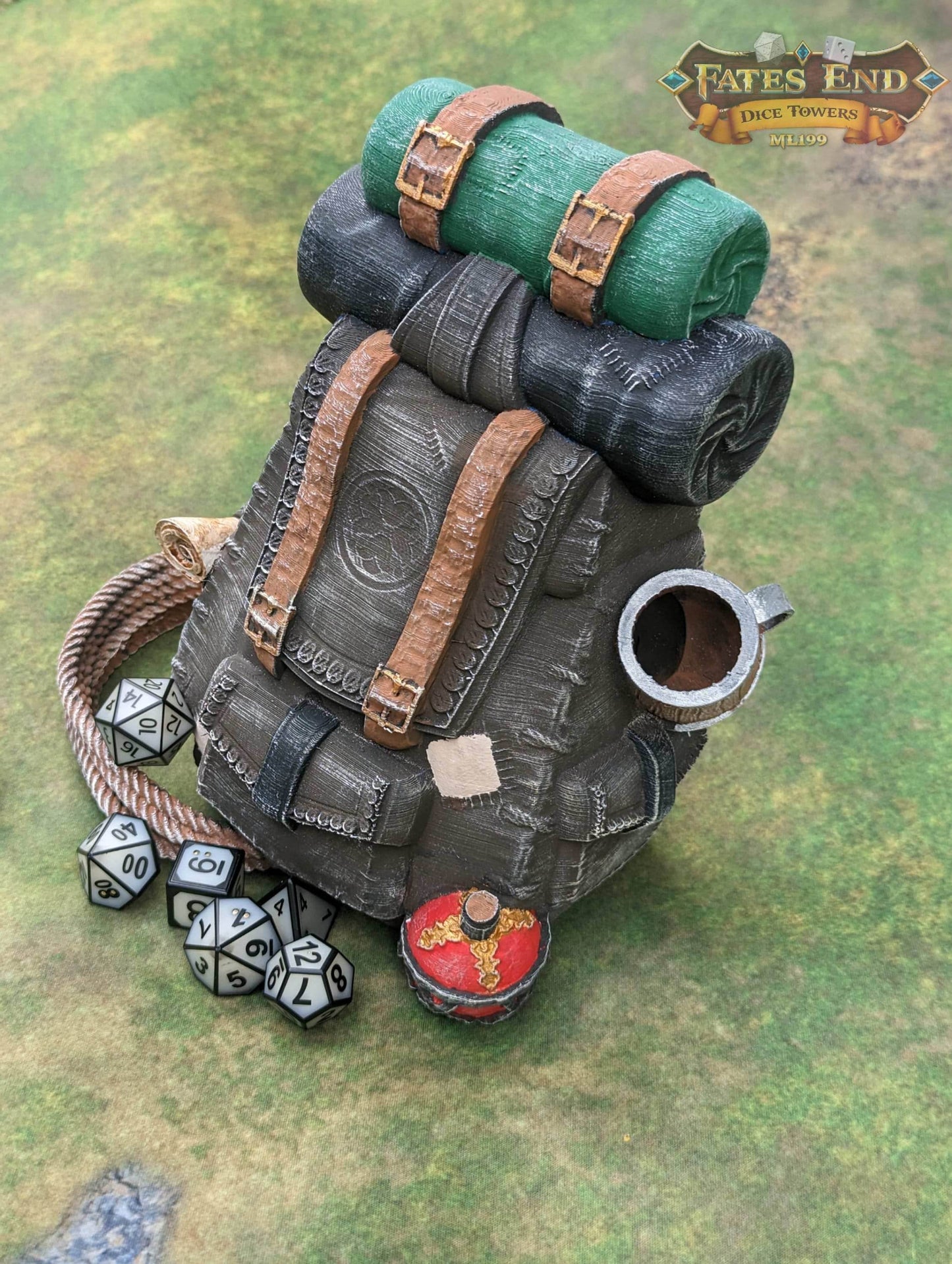 Ranger Back Pack 3D Printed Dice Tower - Fate's End Collection | Dice Tray | D20 Dice Vault - Adventure Time! - Black / Yes- Include Random Dice Set