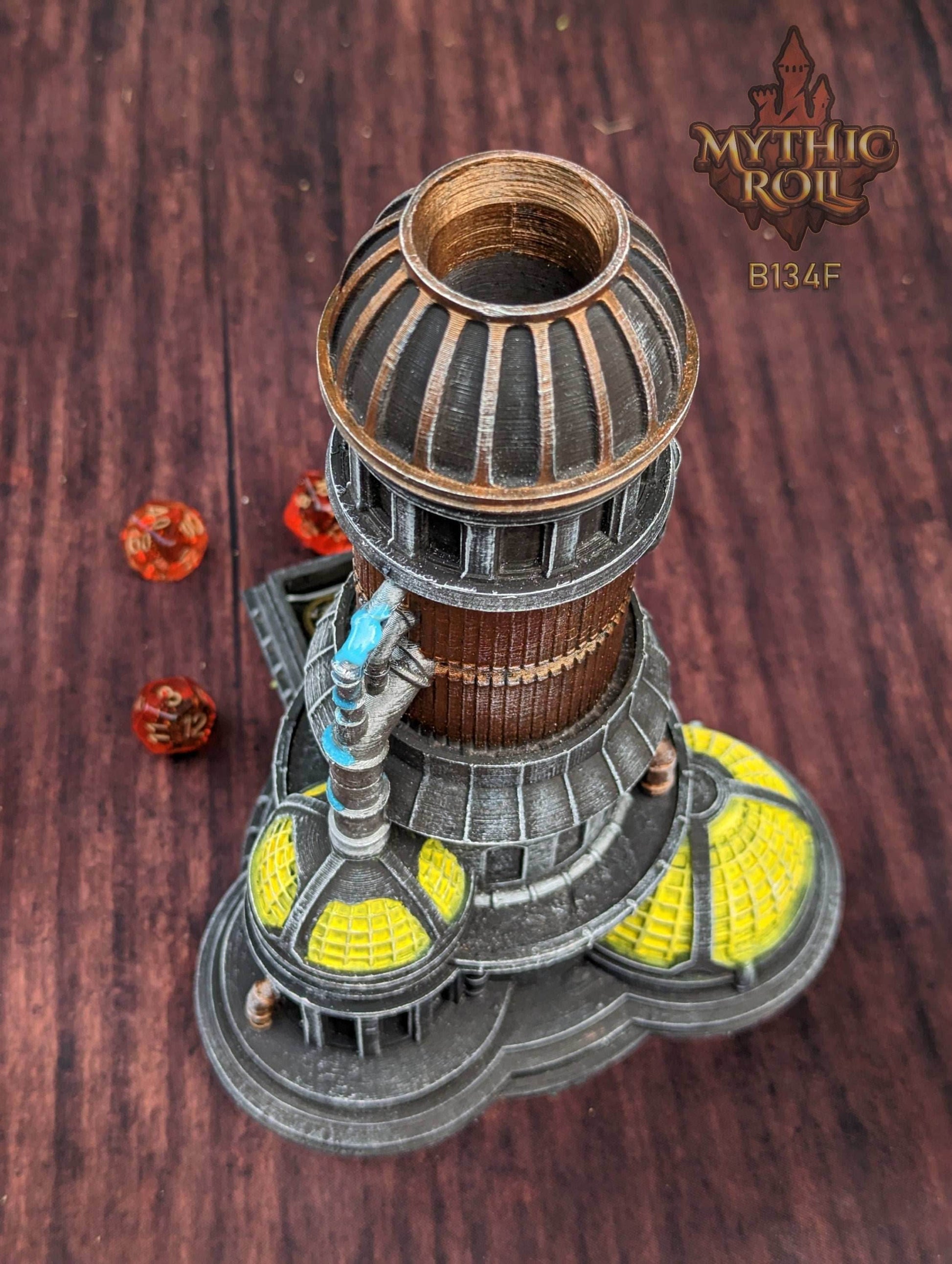 Steampunk 3D Printed Dice Tower- Mythic Roll Collection by Unchained Games - Tabletop RPG Gaming Cosplay - Roll with Clock Work Precision! - Black / Yes- Include Random Dice Set