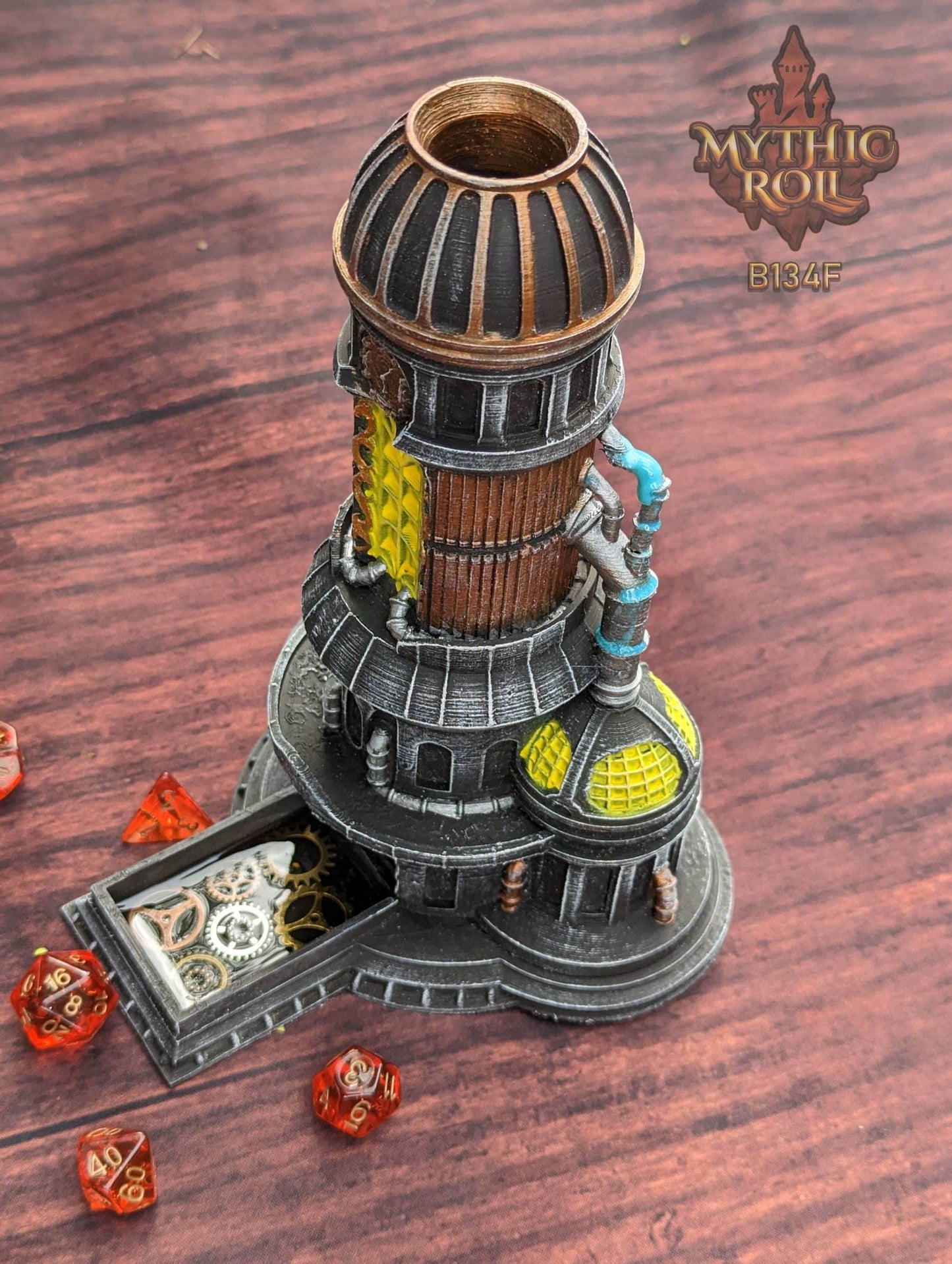 Steampunk 3D Printed Dice Tower- Mythic Roll Collection by Unchained Games - Tabletop RPG Gaming Cosplay - Roll with Clock Work Precision! - Black / Yes- Include Random Dice Set