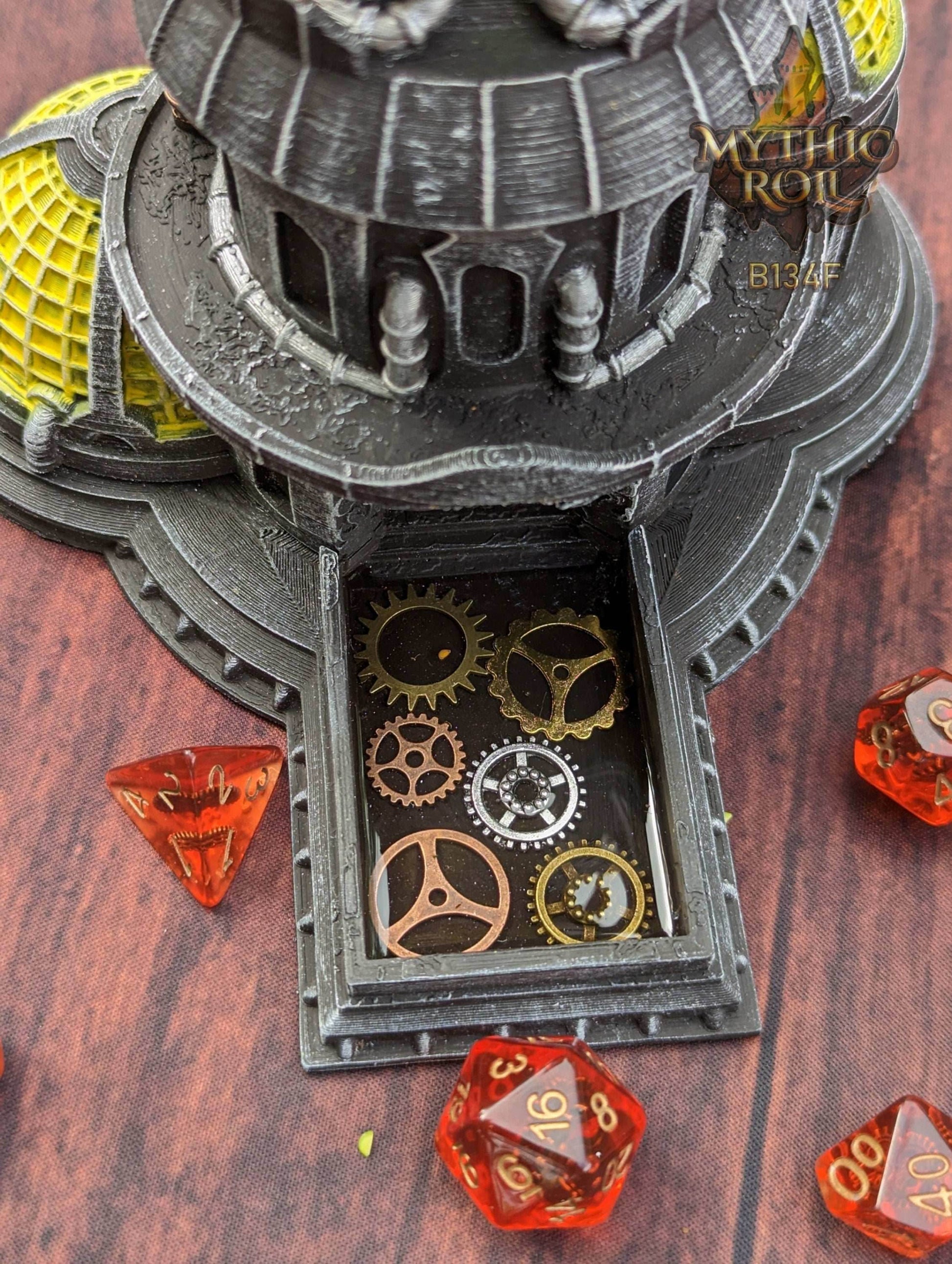 Steampunk 3D Printed Dice Tower- Mythic Roll Collection by Unchained Games - Tabletop RPG Gaming Cosplay - Roll with Clock Work Precision! - Black / Yes- Include Random Dice Set