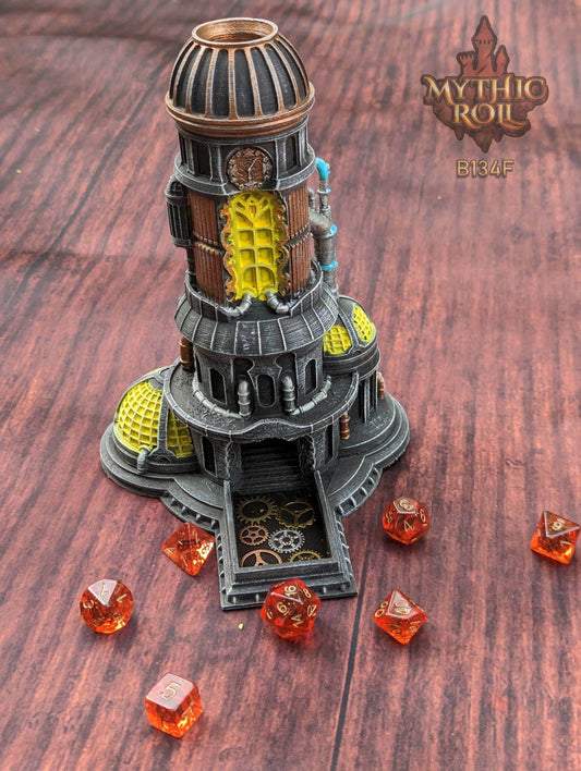 Steampunk 3D Printed Dice Tower- Mythic Roll Collection by Unchained Games - Tabletop RPG Gaming Cosplay - Roll with Clock Work Precision! - Black / Yes- Include Random Dice Set