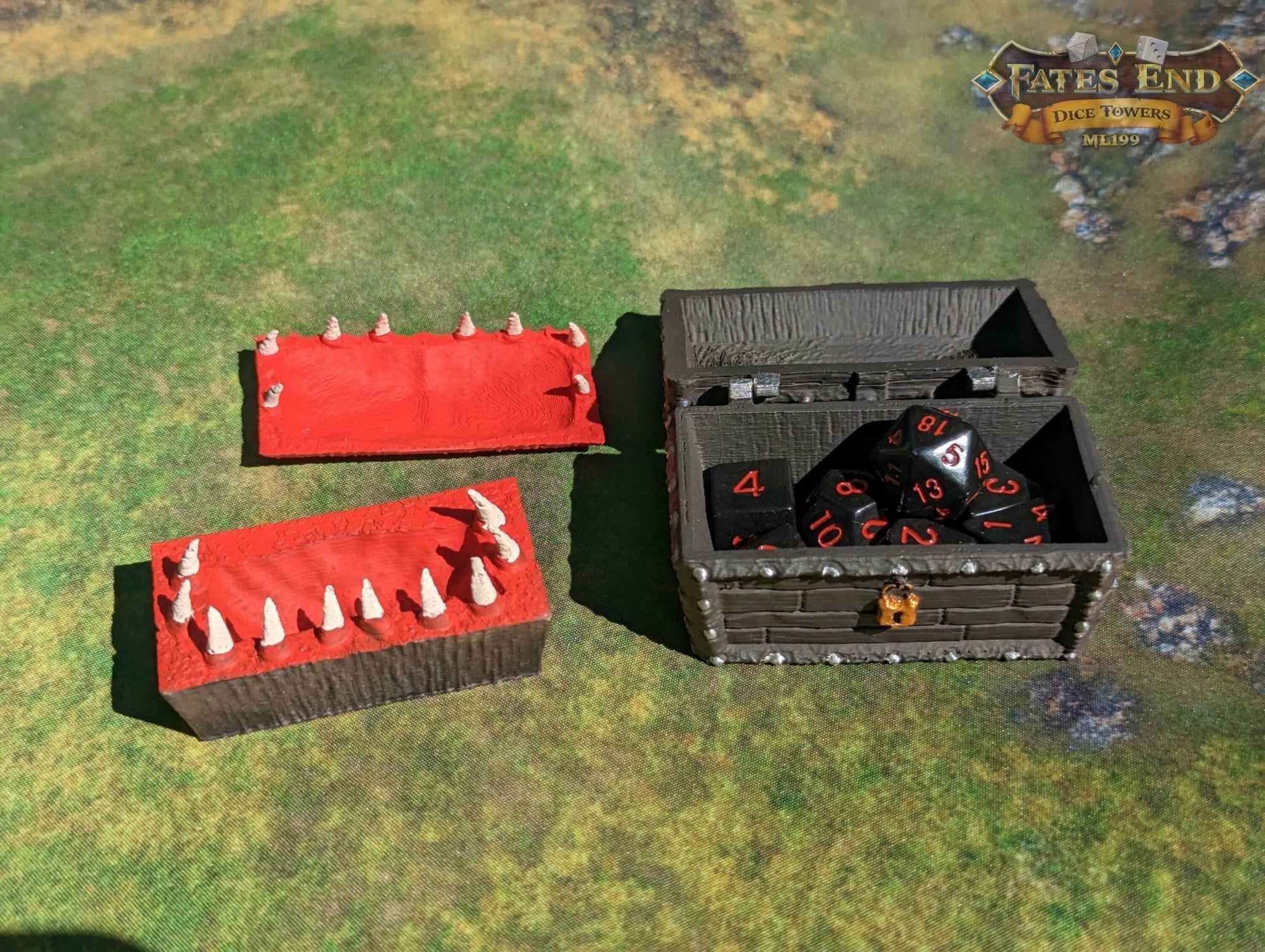 Mimic 3D Printed Dice Jail | RPG Dice Vault | D20 Box | Player Gift - Fate's End Collection - Deadly Treasure! - Black / Yes- Include Random Dice Set