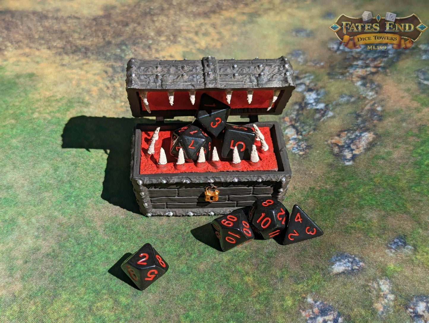 Mimic 3D Printed Dice Jail | RPG Dice Vault | D20 Box | Player Gift - Fate's End Collection - Deadly Treasure! - Black / Yes- Include Random Dice Set