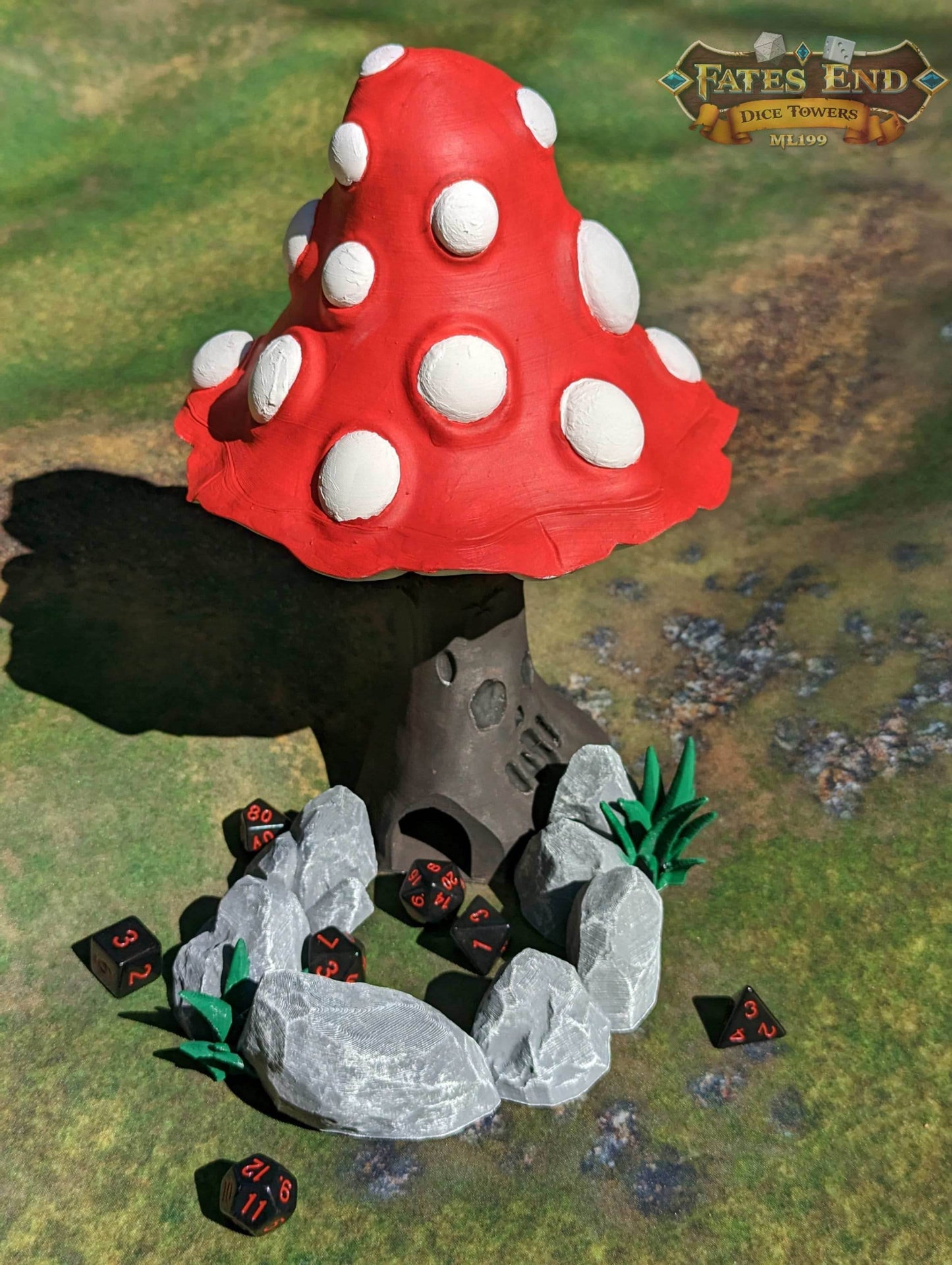 Mushroom 3D Printed Dice Tower - Fate's End Furhaven Collection - Venture into an Enchanted Realm! - Black / Yes- Include Random Dice Set